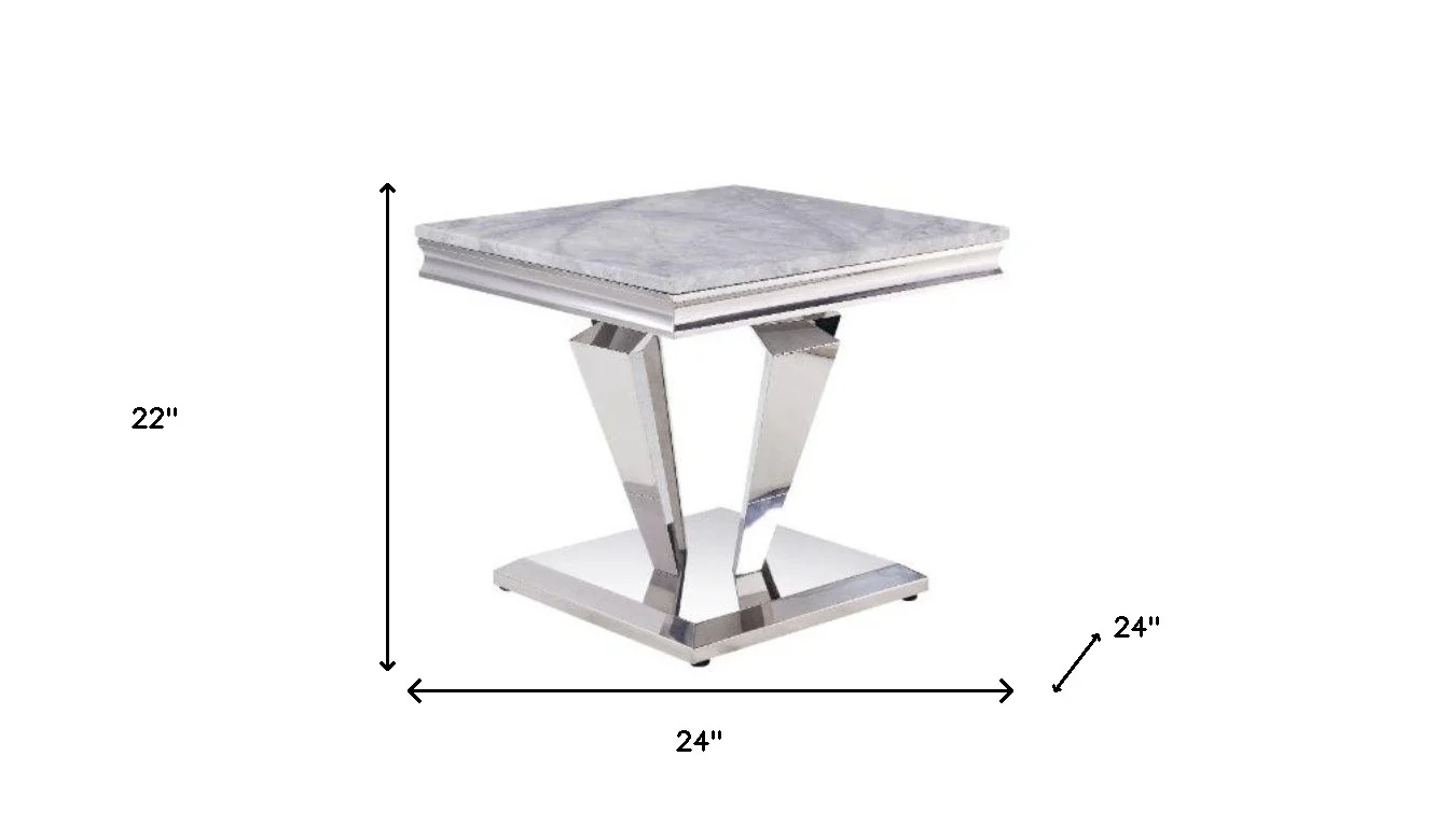 22" Silver And Light Gray Marble Look And Stainless Steel Square End Table By Homeroots - Image 5
