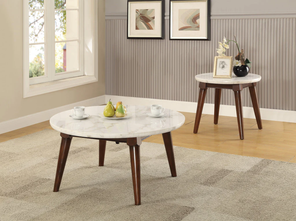 22" Walnut And White Faux Marble Round End Table By Homeroots - Image 3