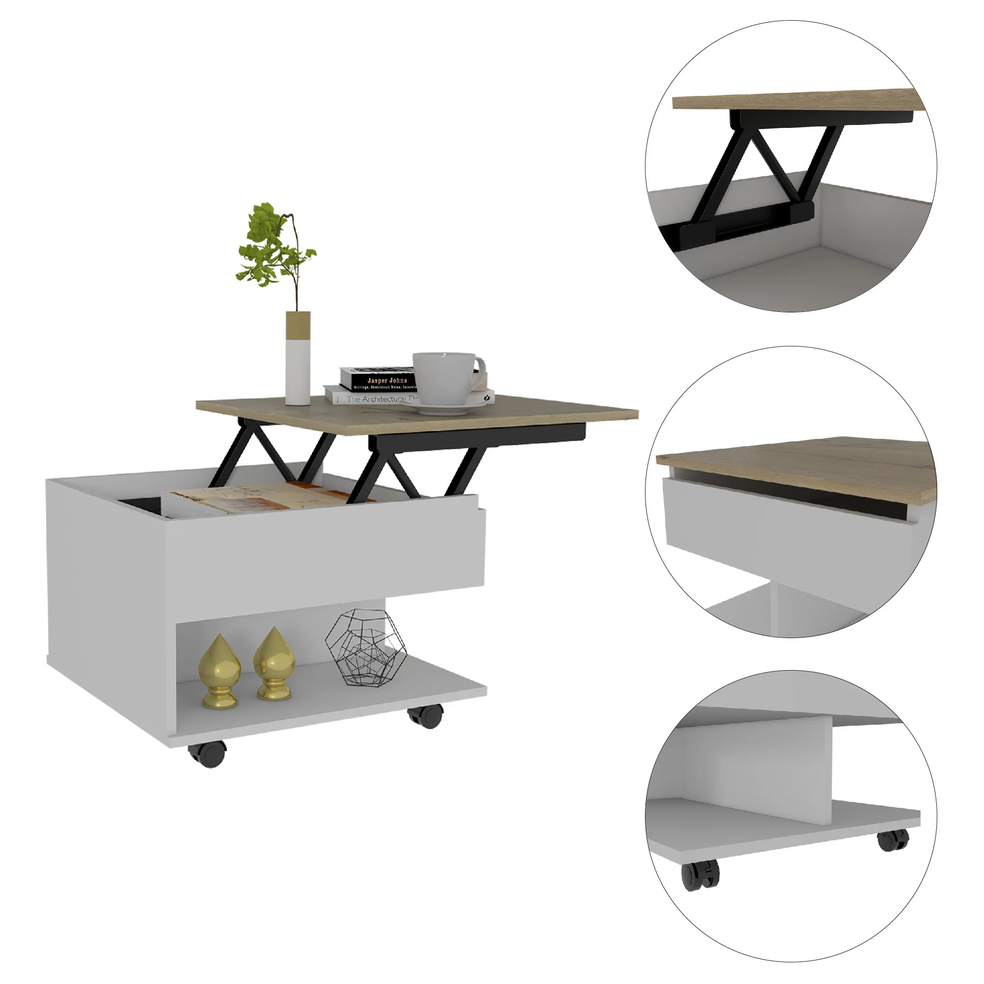 22" White And Light Oak Manufactured Wood Rectangular Coffee Table With Drawer By Homeroots - Image 3