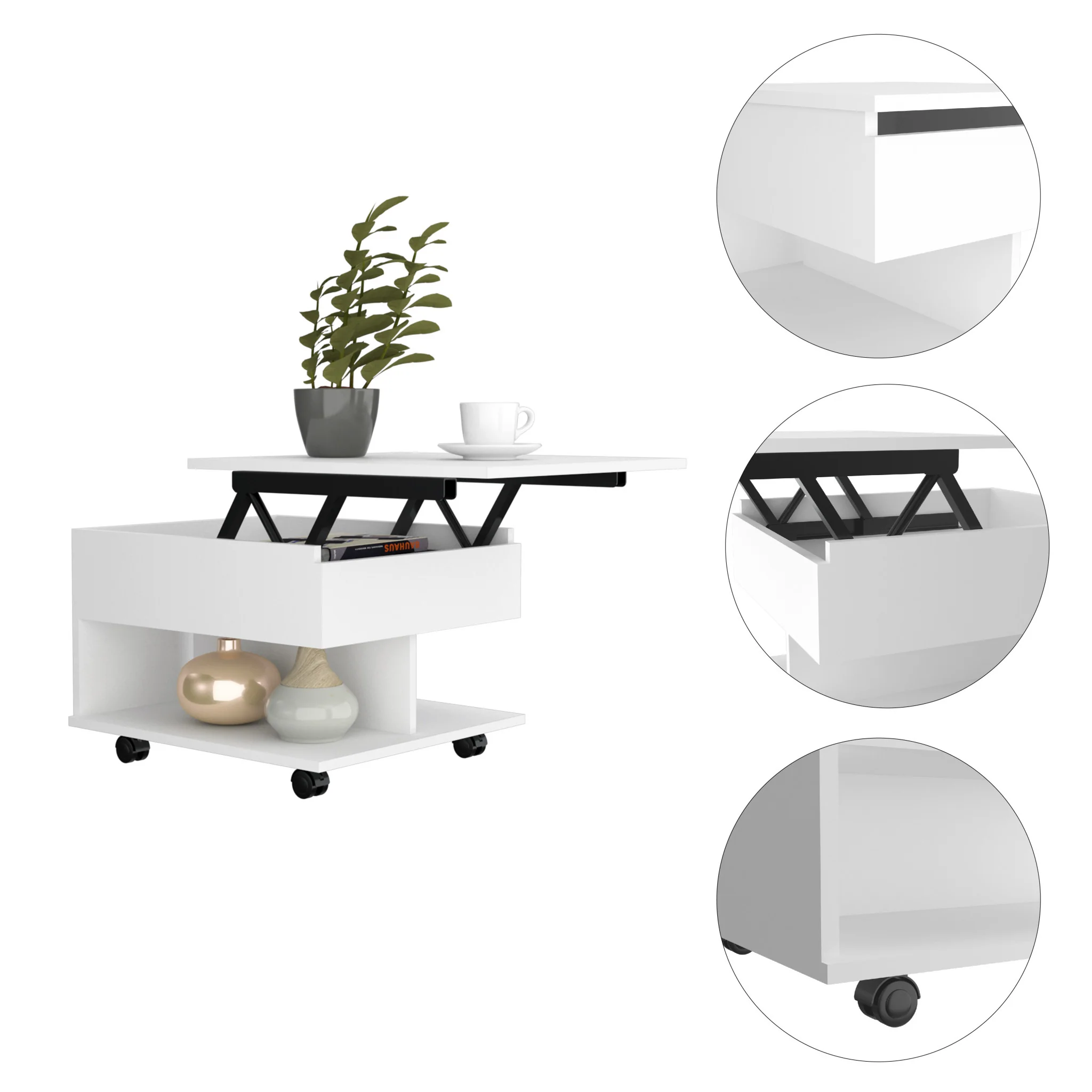 22" White Manufactured Wood Rectangular Lift Top Coffee Table With Drawer By Homeroots - Image 3