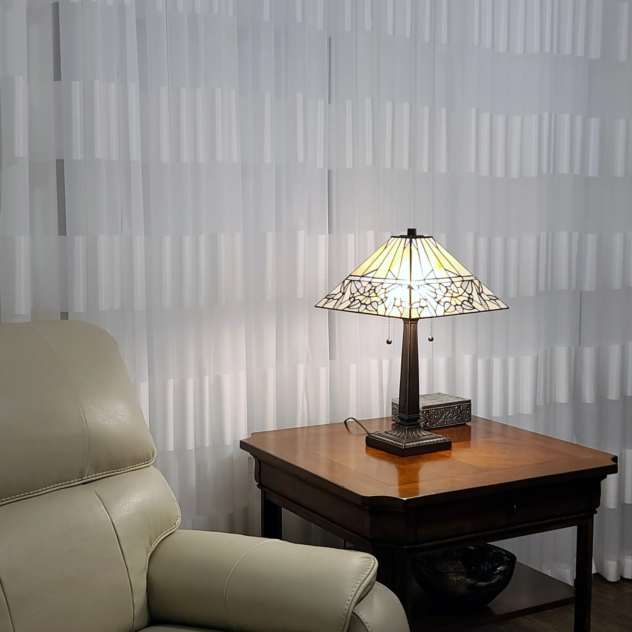 23" Amber and Clear Leaves Stained Glass Two Light Mission Style Table Lamp By Homeroots - Image 5
