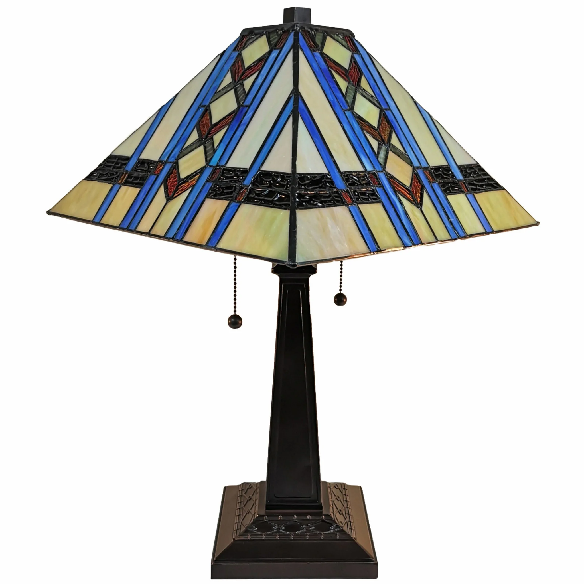 23" Amber Brown and Blue Stained Glass Two Light Mission Style Table Lamp By Homeroots - Image 2