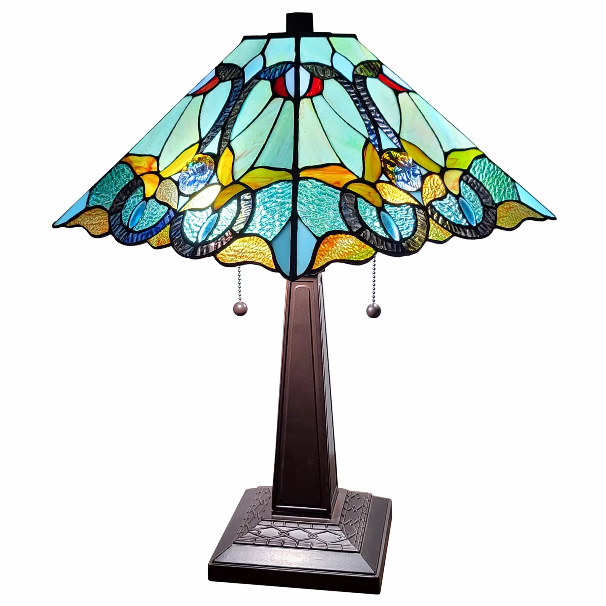 23" Aqua Blues and Amber Abstract Stained Glass Two Light Mission Style Table Lamp By Homeroots - Image 2
