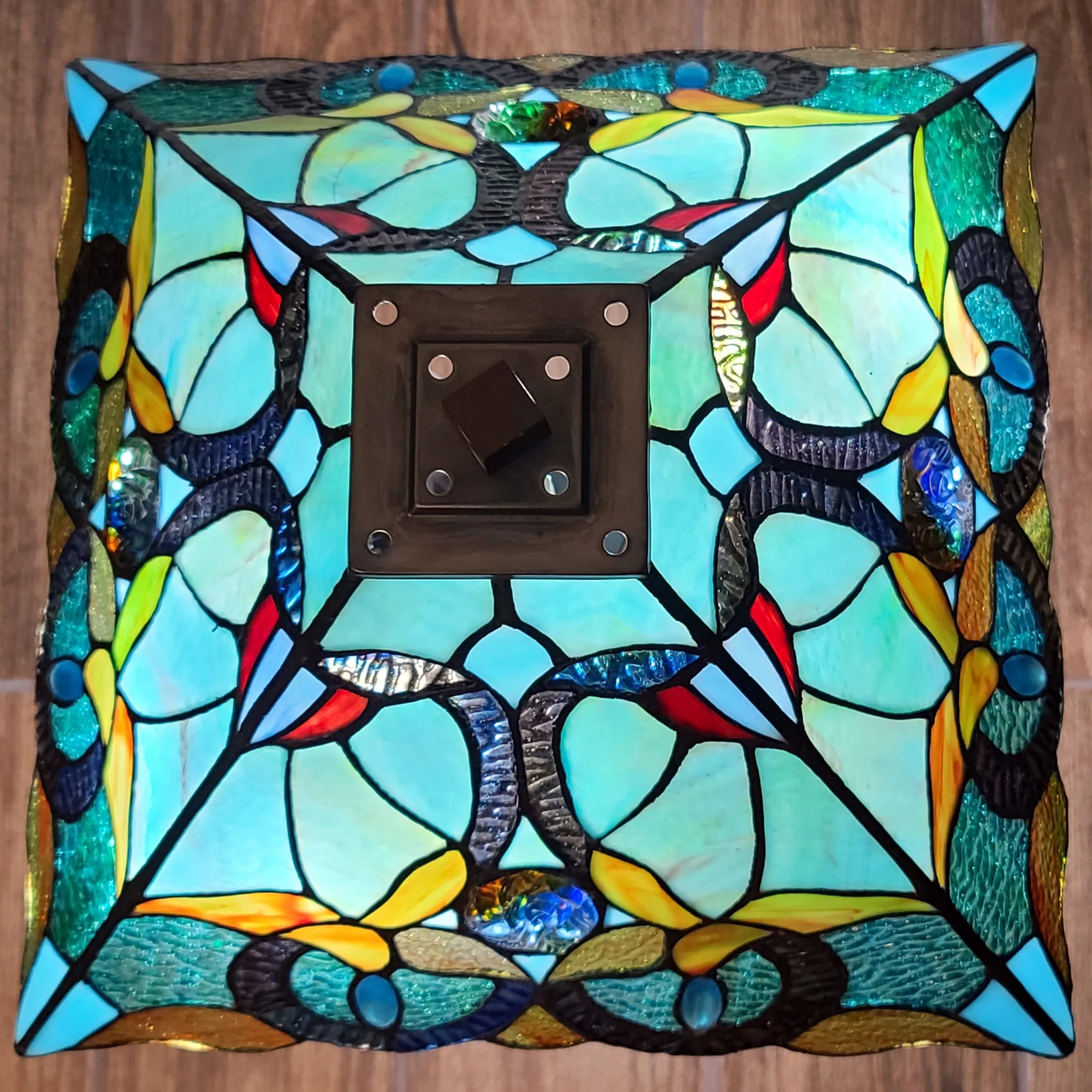 23" Aqua Blues and Amber Abstract Stained Glass Two Light Mission Style Table Lamp By Homeroots - Image 3