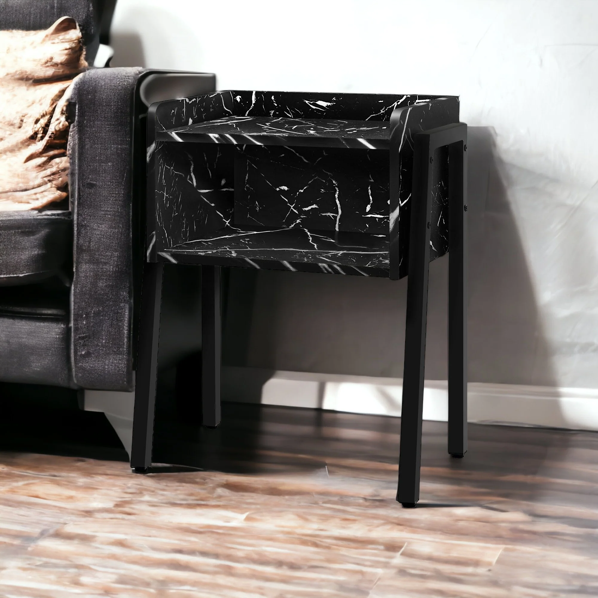 23" Black Faux Marble End Table With Shelf By Homeroots - Image 6