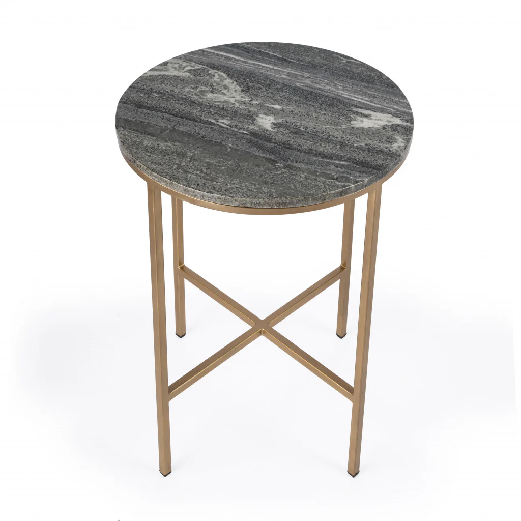23" Brass And Gray Marble Round End Table By Homeroots - Image 2