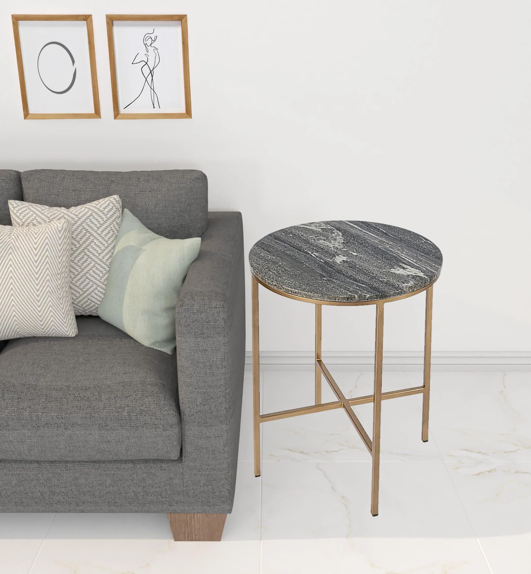 23" Brass And Gray Marble Round End Table By Homeroots - Image 6