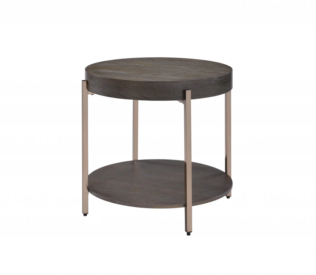 23" Champagne Metal And Dark Oak Manufactured Wood Round Two Tier End Table By Homeroots - Image 2