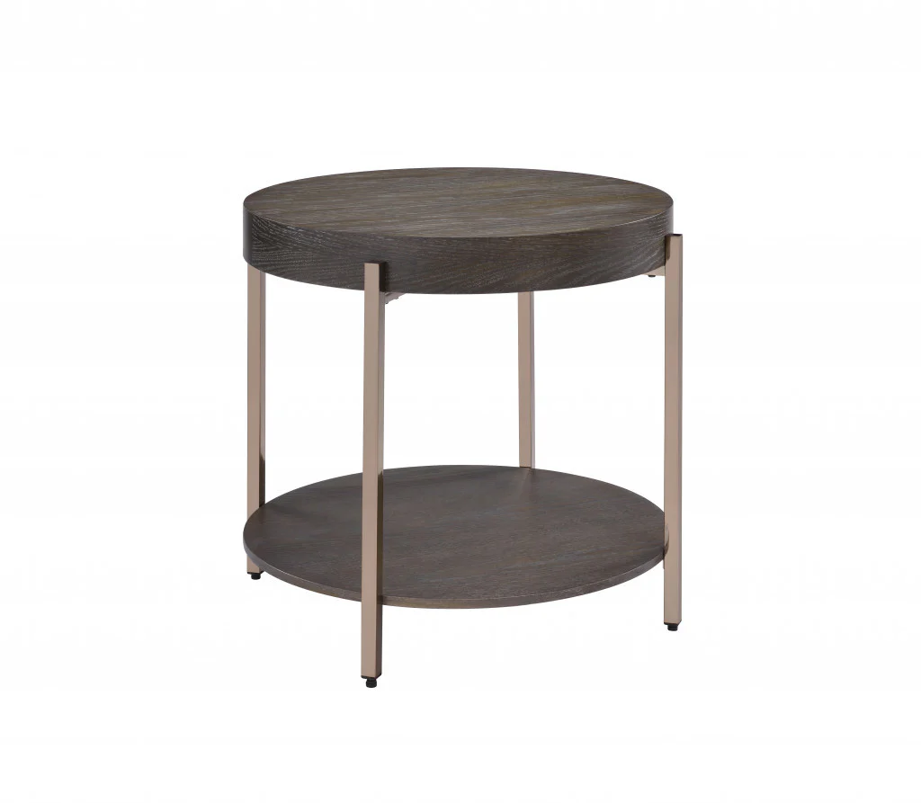23" Champagne Metal And Dark Oak Manufactured Wood Round Two Tier End Table By Homeroots - Image 4