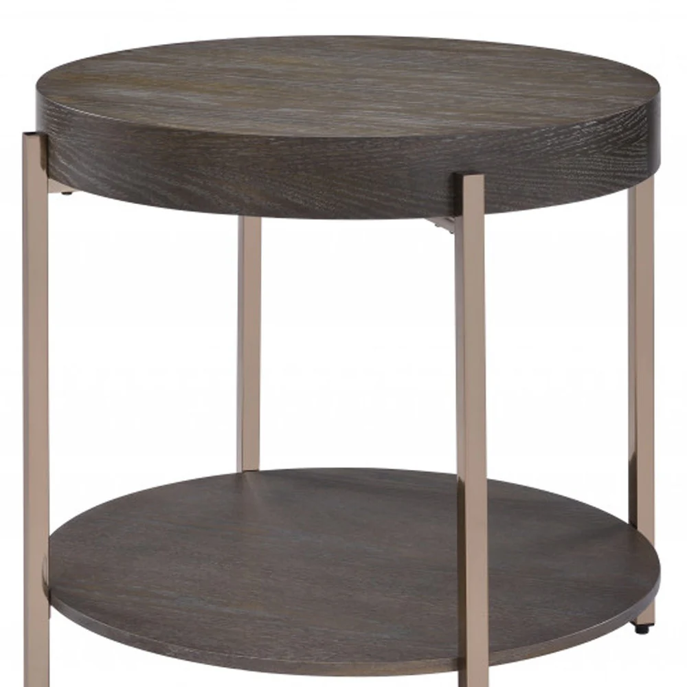 23" Champagne Metal And Dark Oak Manufactured Wood Round Two Tier End Table By Homeroots - Image 5