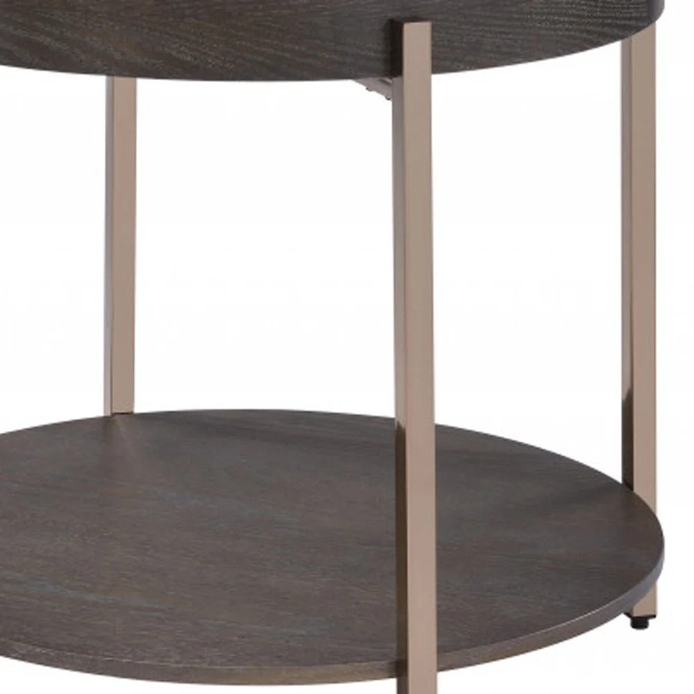 23" Champagne Metal And Dark Oak Manufactured Wood Round Two Tier End Table By Homeroots - Image 6