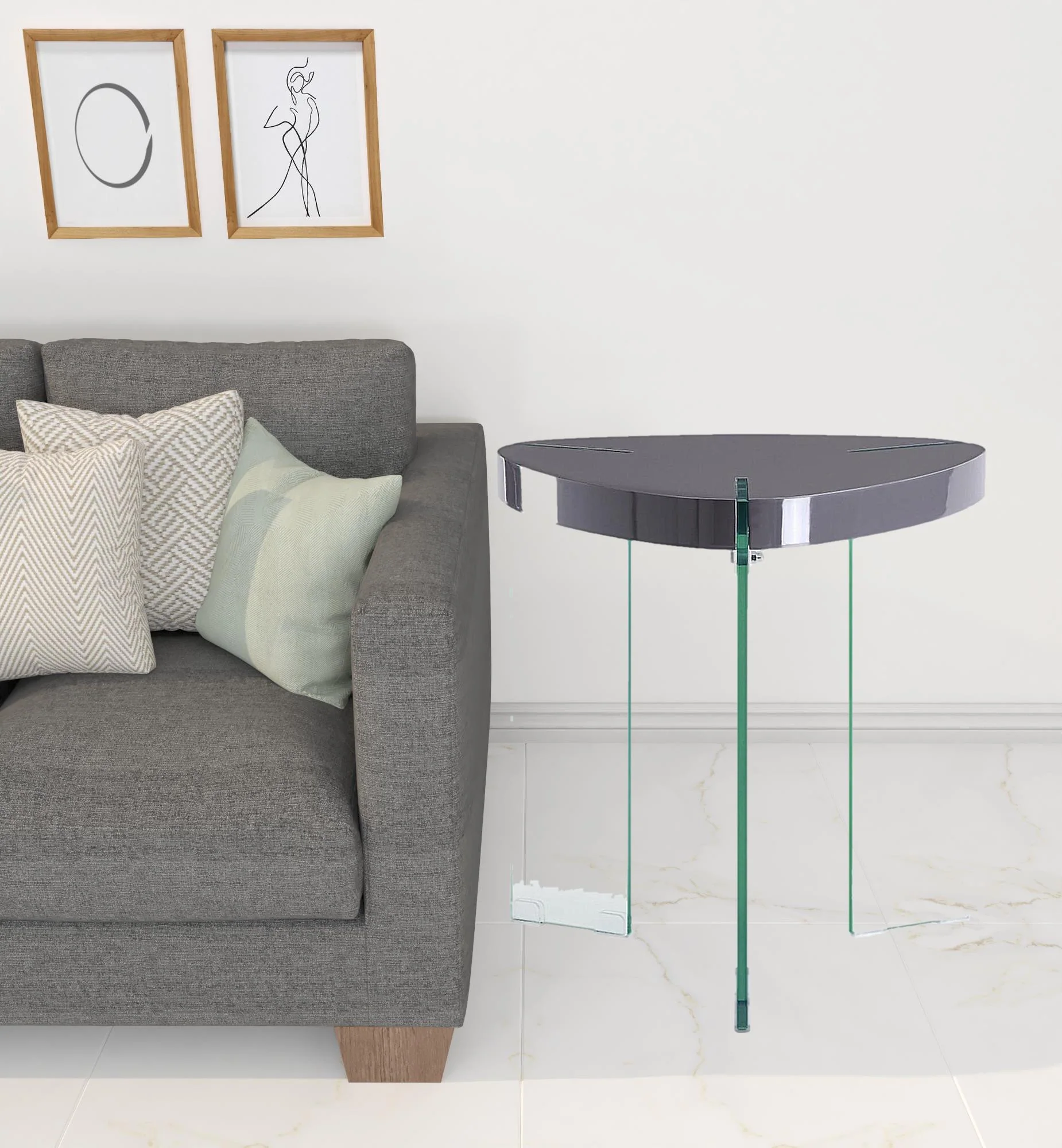 23" Clear And Gray Manufactured Wood And Glass Triangular End Table By Homeroots - Image 3