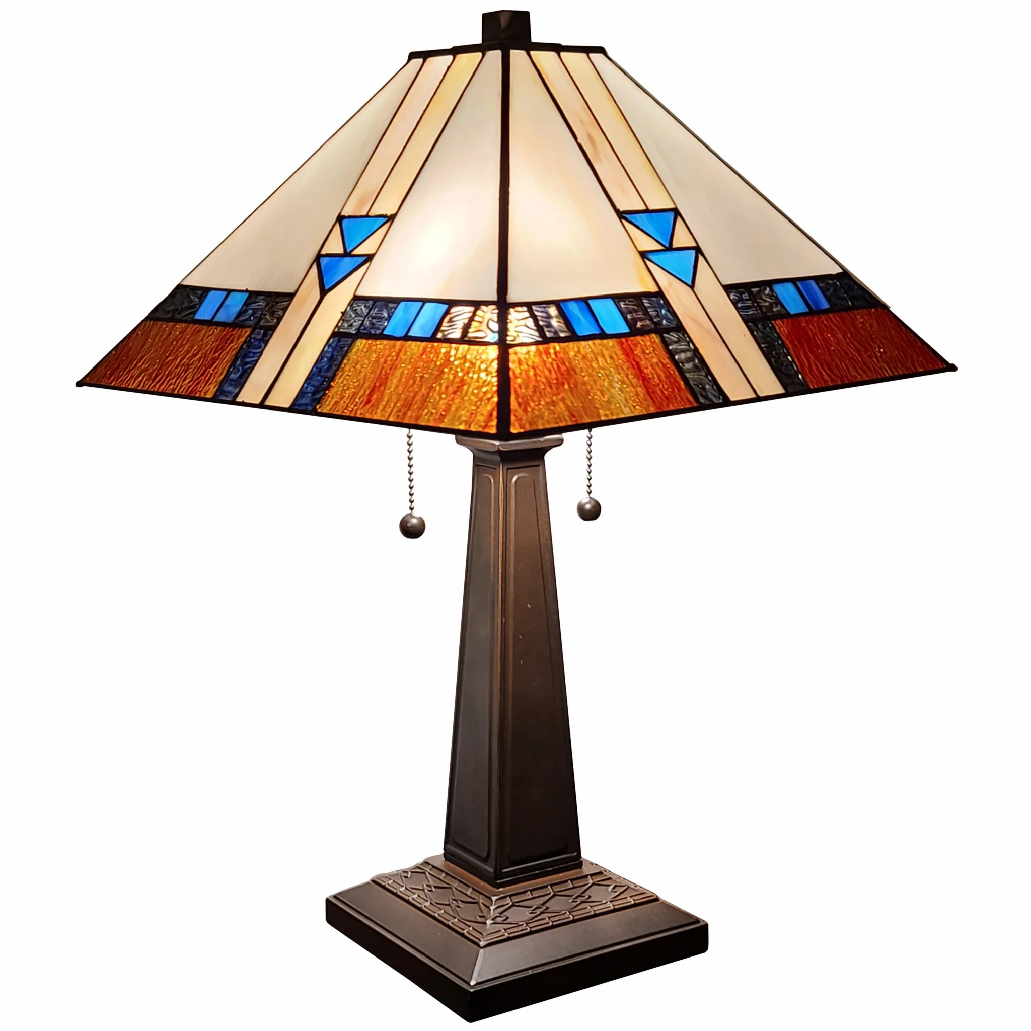 23" Cream Amber and Teal Arrow Stained Glass Two Light Mission Style Table Lamp By Homeroots - Image 2