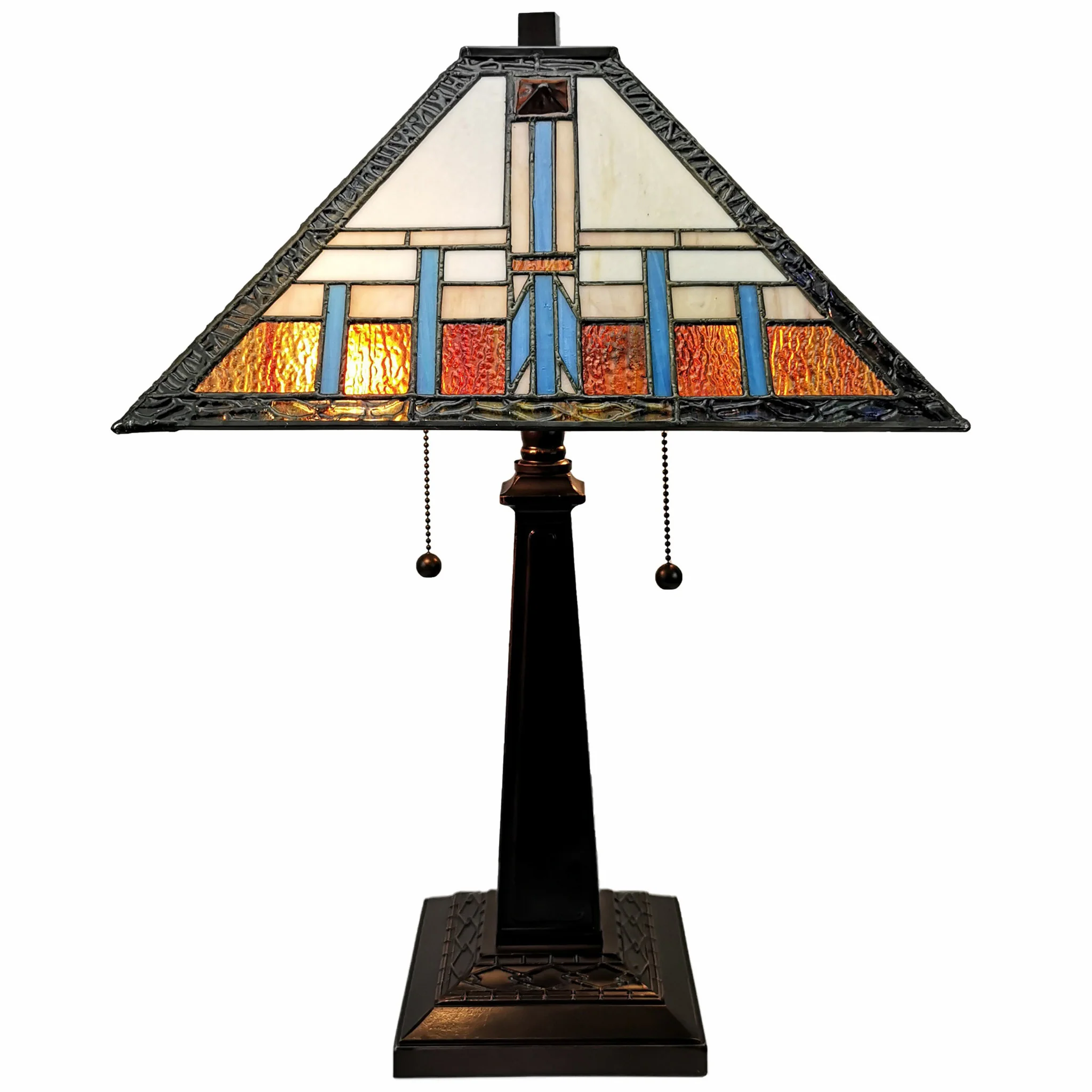 23" Cream Amber and Teal Stained Glass Two Light Mission Style Table Lamp By Homeroots - Image 2