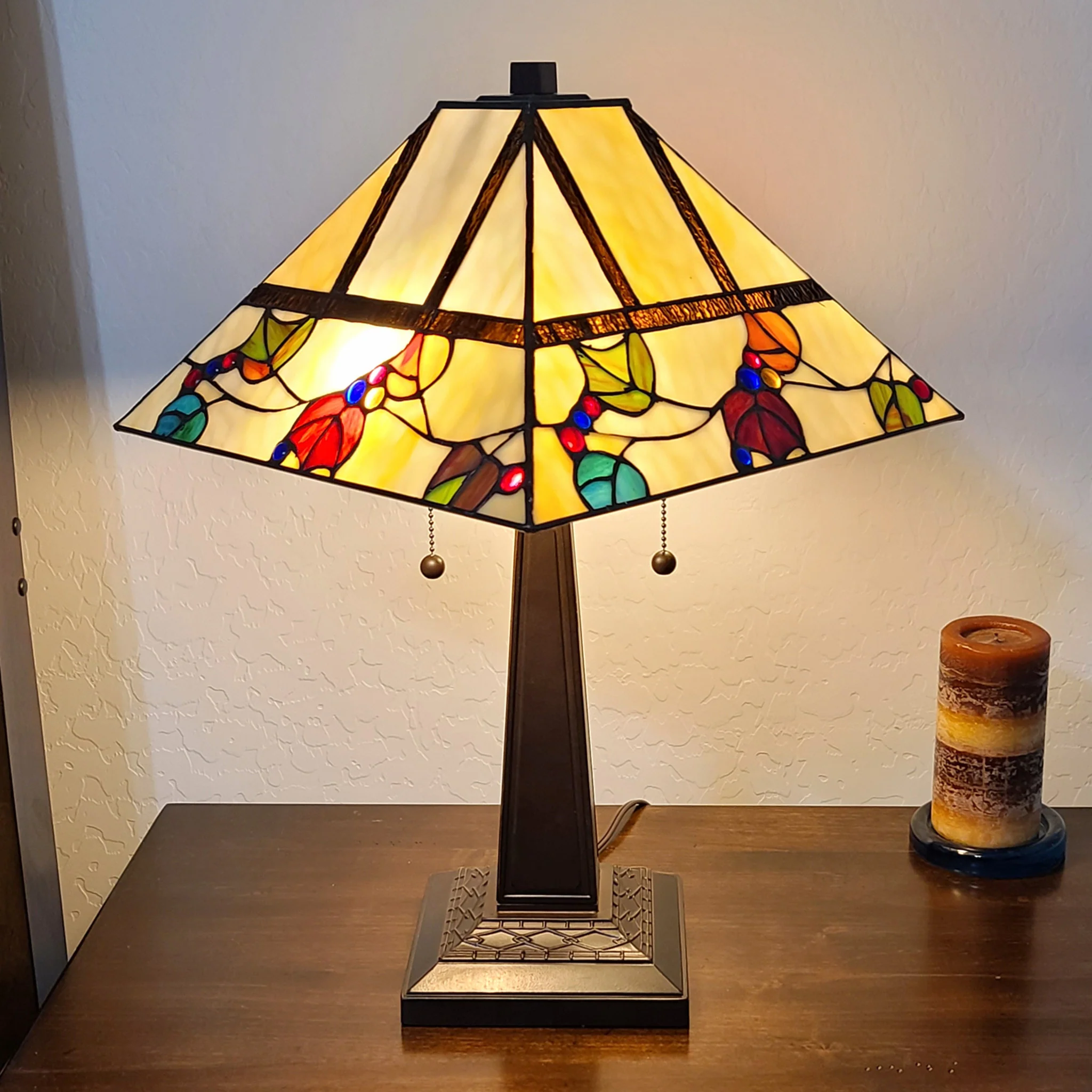 23" Cream and Jewel Stained Glass Two Light Mission Style Table Lamp By Homeroots - Image 4