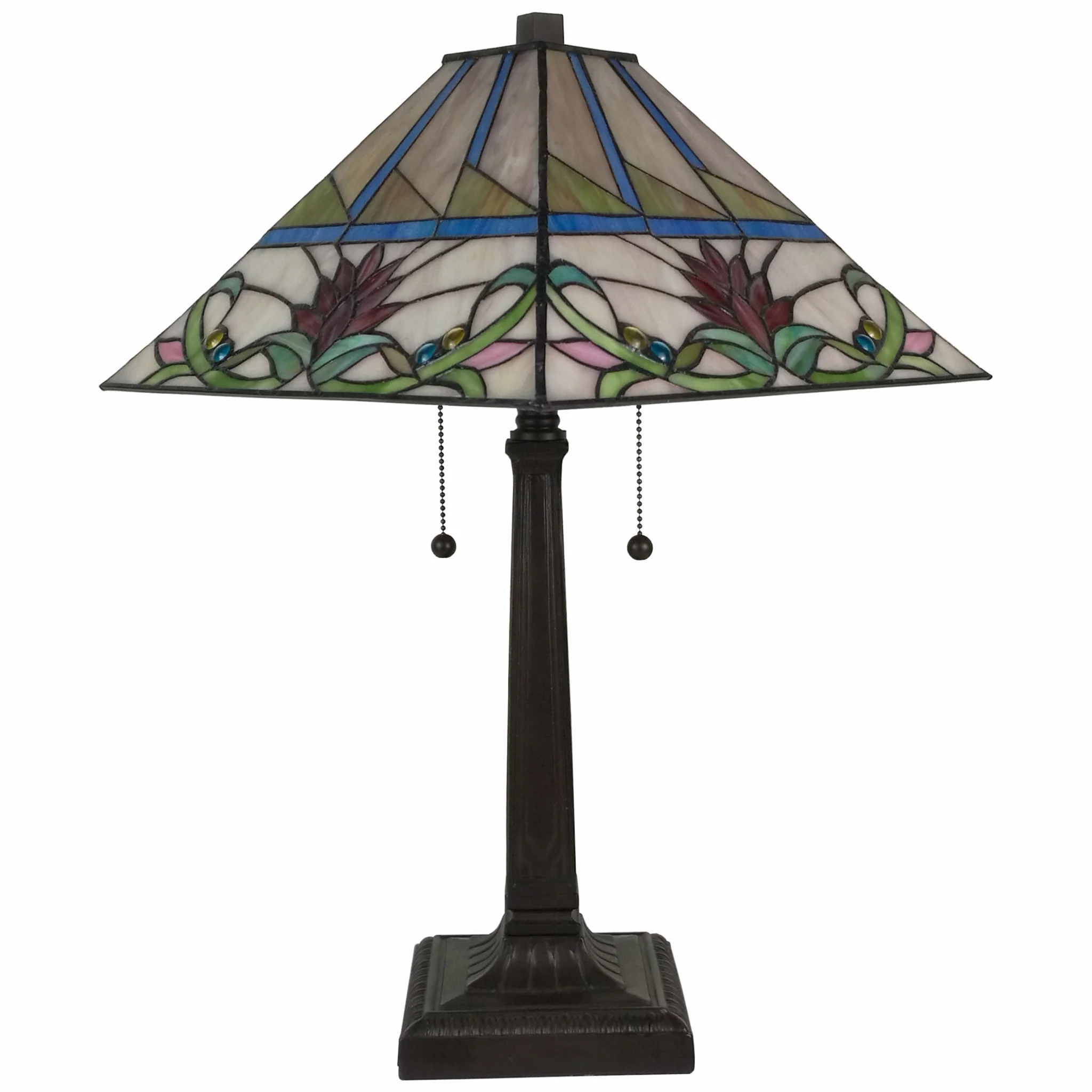 23" Cream and Red Floral Stained Glass Two Light Mission Style Table Lamp By Homeroots - Image 2
