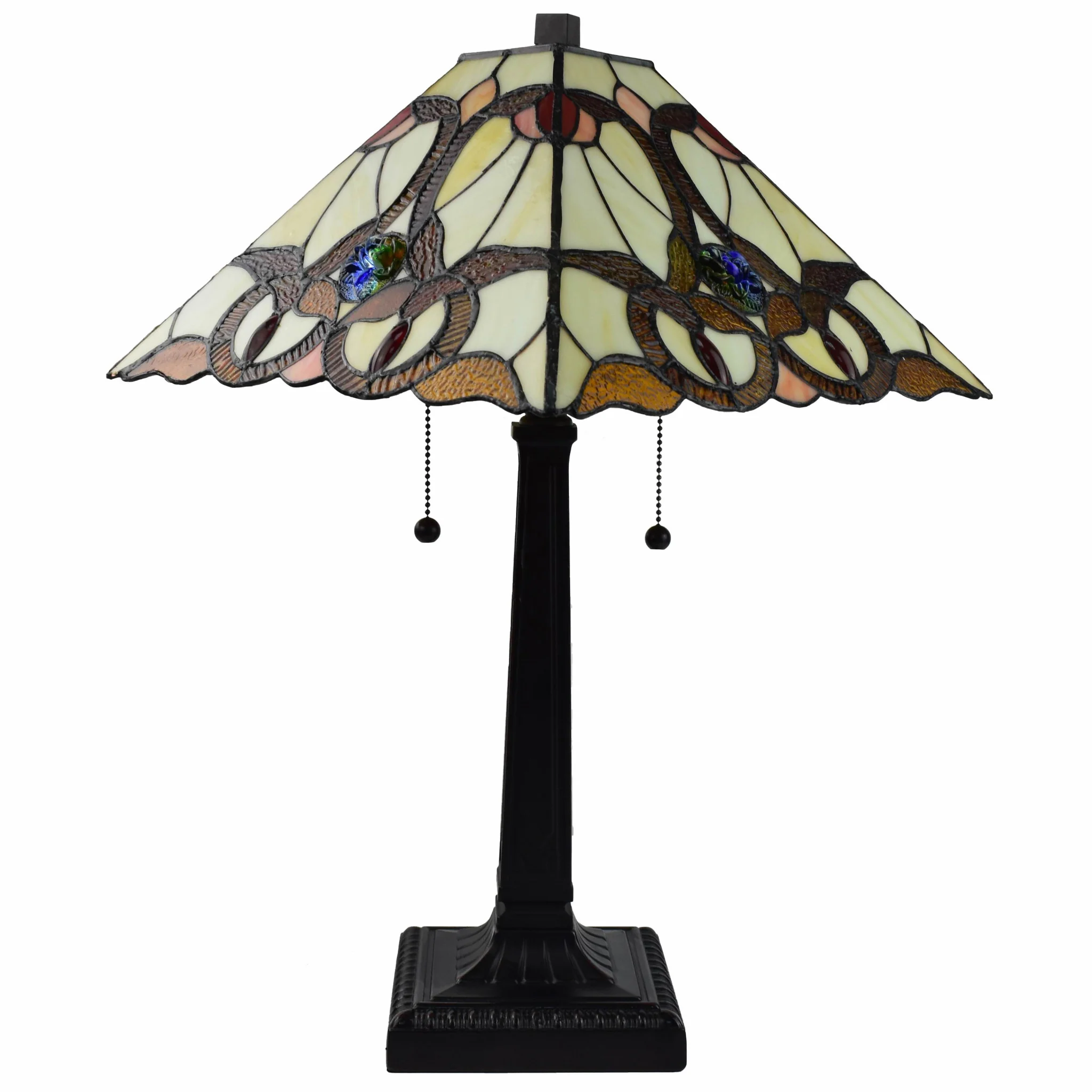 23" Cream Red and Blue Stained Glass Handcrafted Jeweled Two Light Mission Style Table Lamp By Homeroots - Image 2