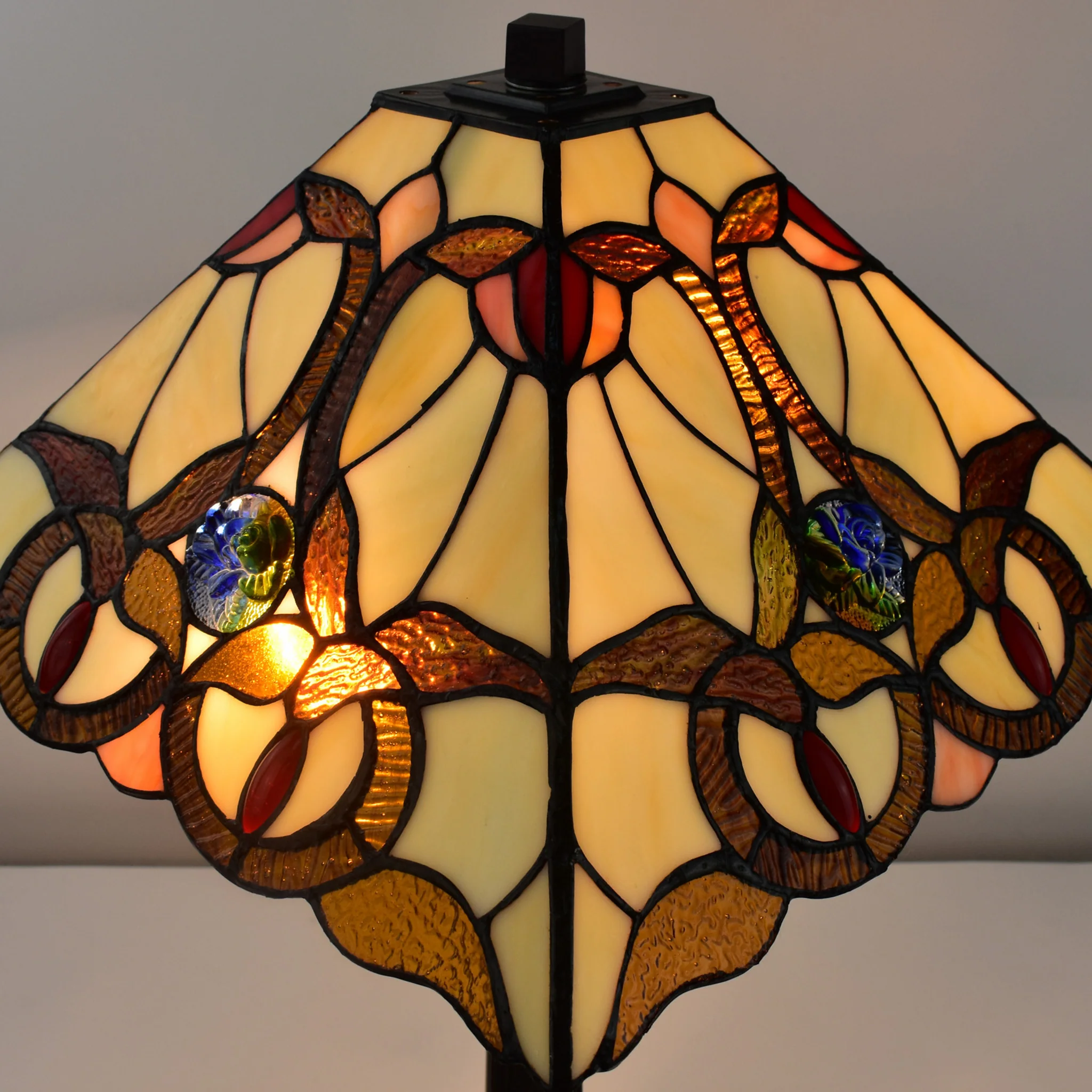 23" Cream Red and Blue Stained Glass Handcrafted Jeweled Two Light Mission Style Table Lamp By Homeroots - Image 4