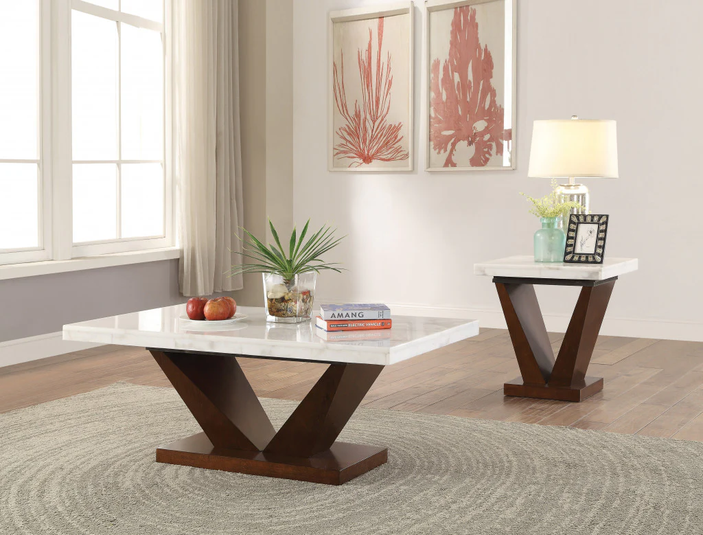 23" Walnut And White Marble Manufactured Wood Square End Table By Homeroots - Image 6