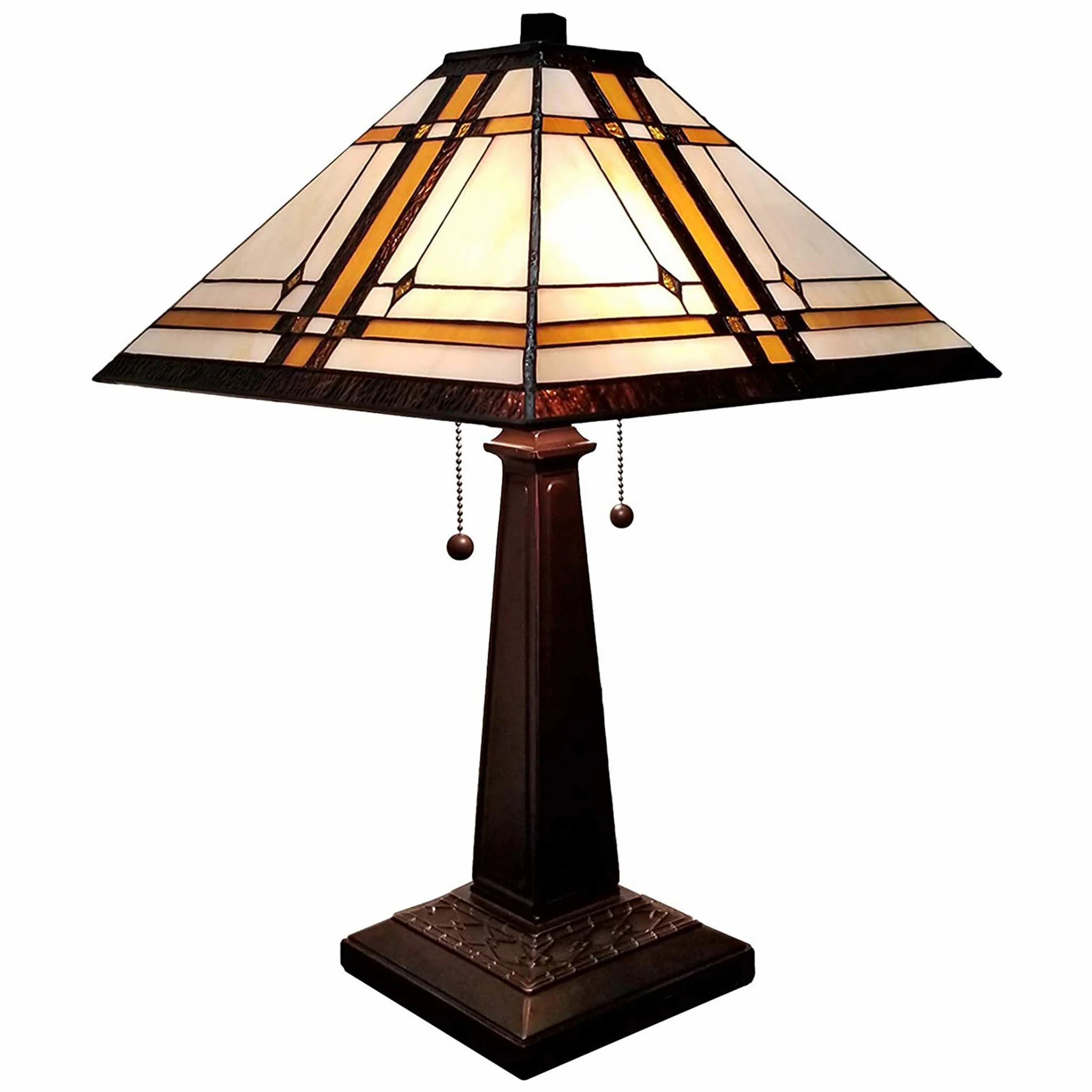 23" White Amber and Brown Stained Glass Two Light Mission Style Table Lamp By Homeroots - Image 2