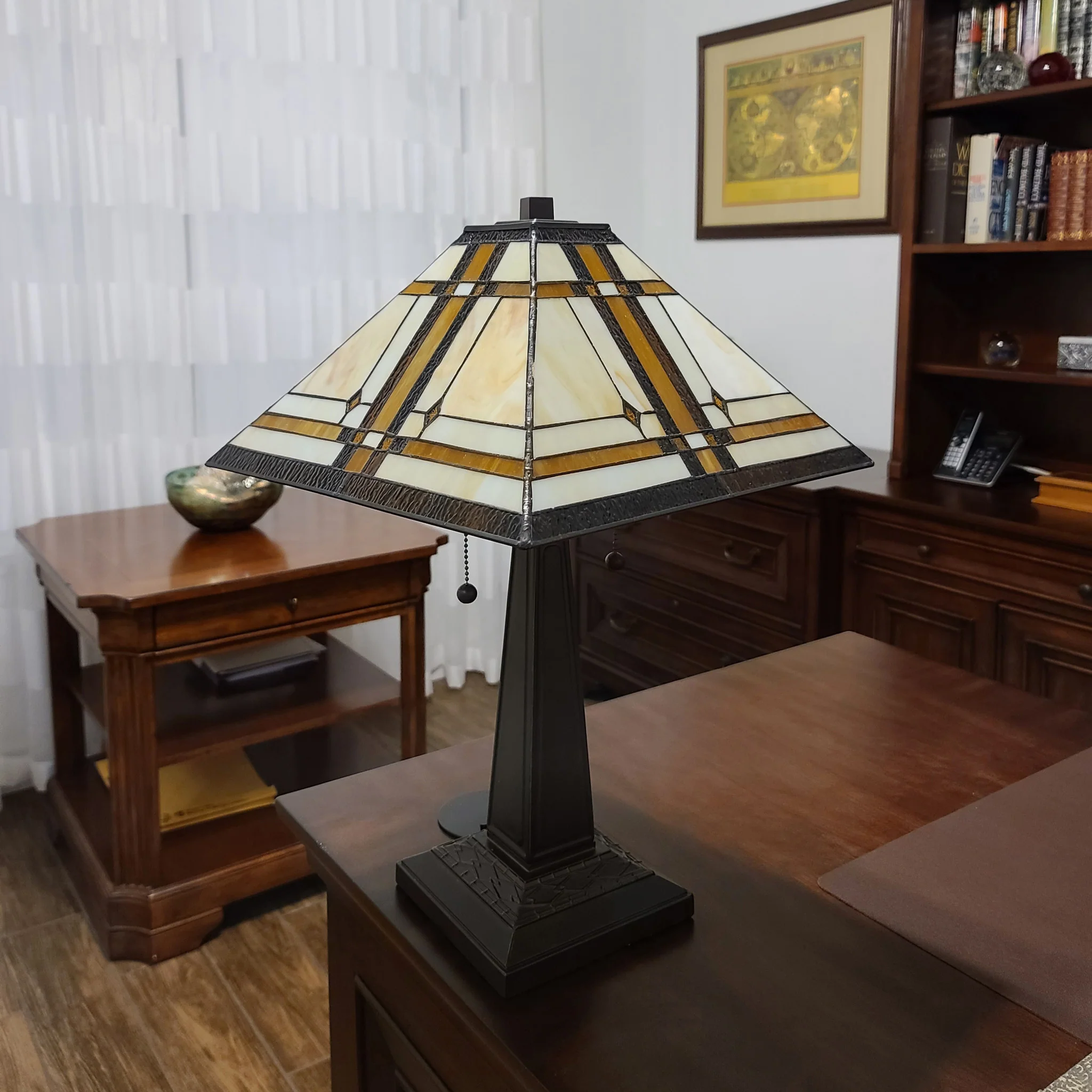 23" White Amber and Brown Stained Glass Two Light Mission Style Table Lamp By Homeroots - Image 6