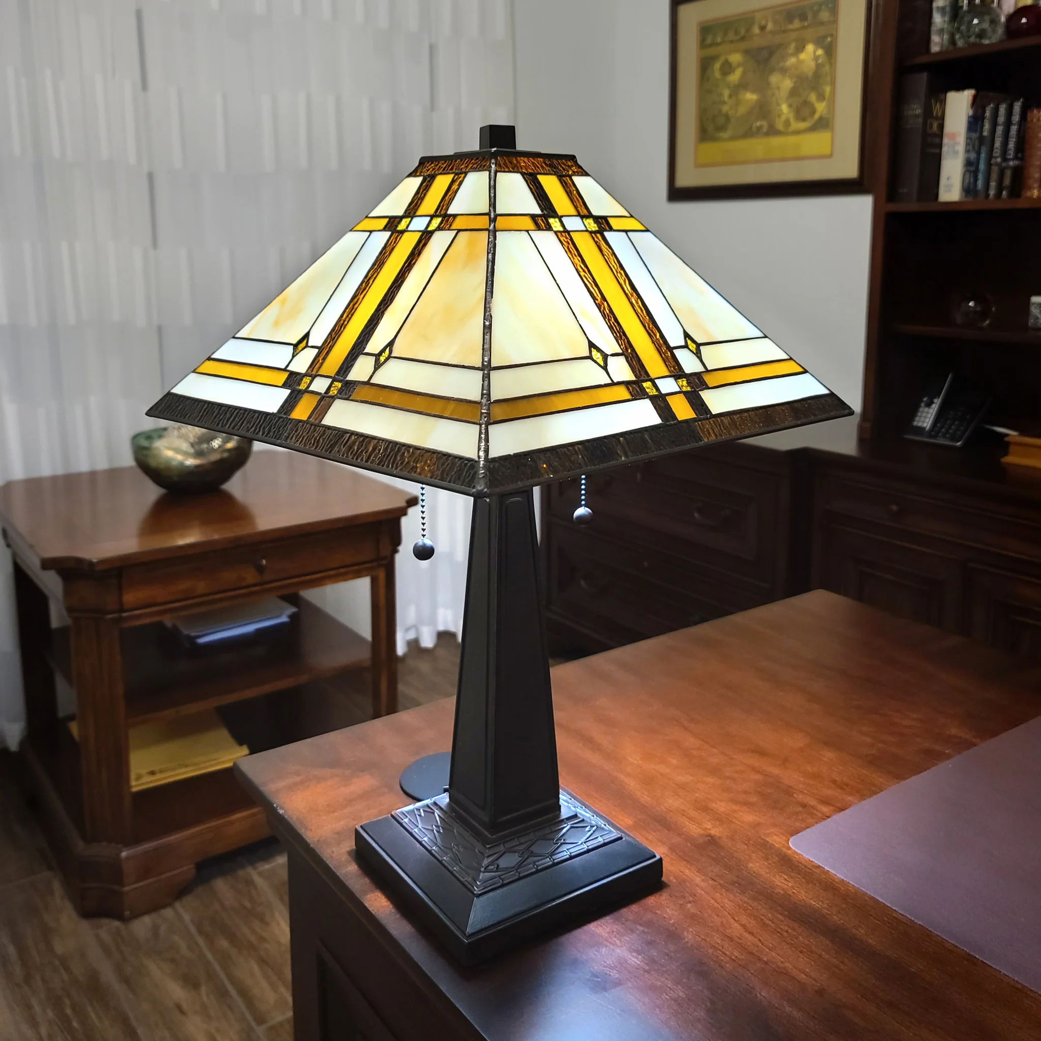 23" White Amber and Brown Stained Glass Two Light Mission Style Table Lamp By Homeroots - Image 7