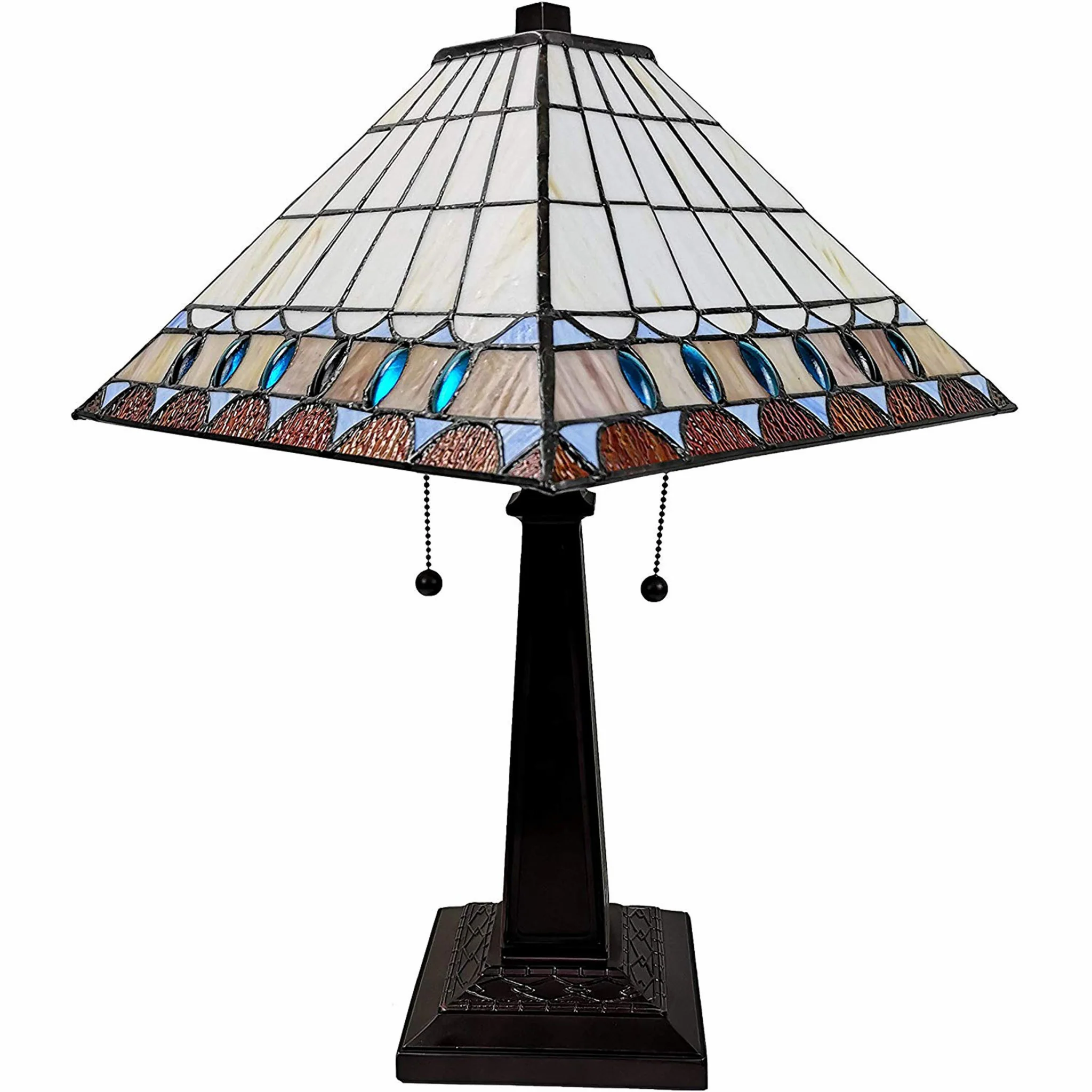 23" White Amber and Teal Stained Glass Two Light Mission Style Table Lamp By Homeroots - Image 2