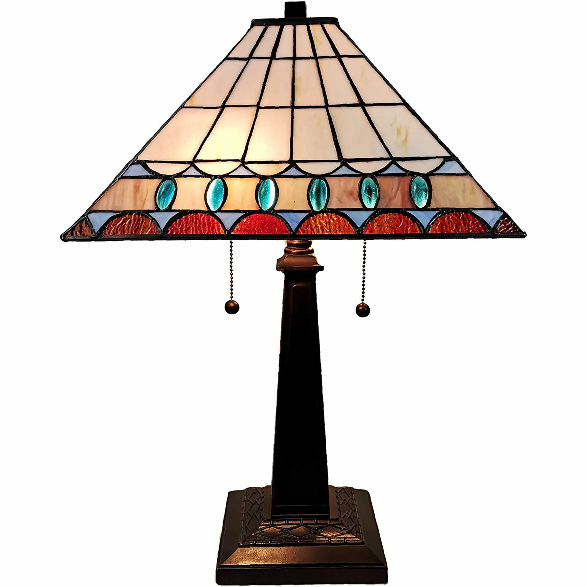 23" White Amber and Teal Stained Glass Two Light Mission Style Table Lamp By Homeroots - Image 4