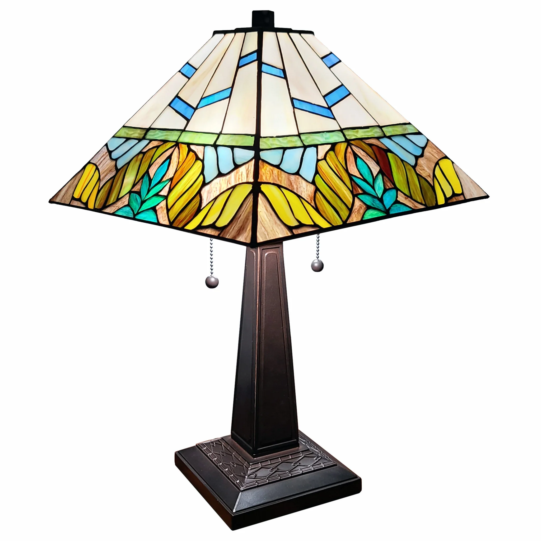 23" White and Aqua Stained Glass Two Light Mission Style Table Lamp By Homeroots - Image 2