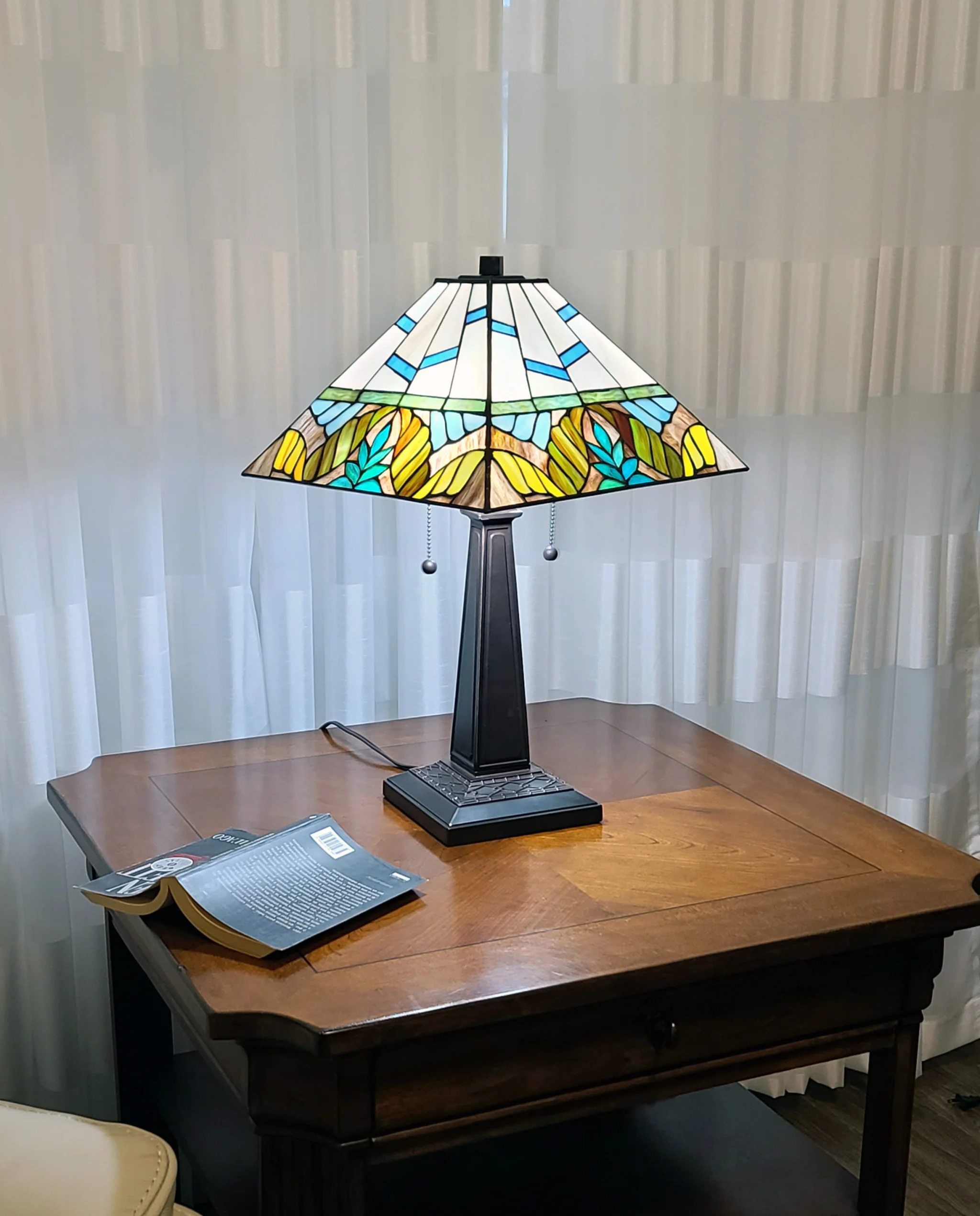 23" White and Aqua Stained Glass Two Light Mission Style Table Lamp By Homeroots - Image 4