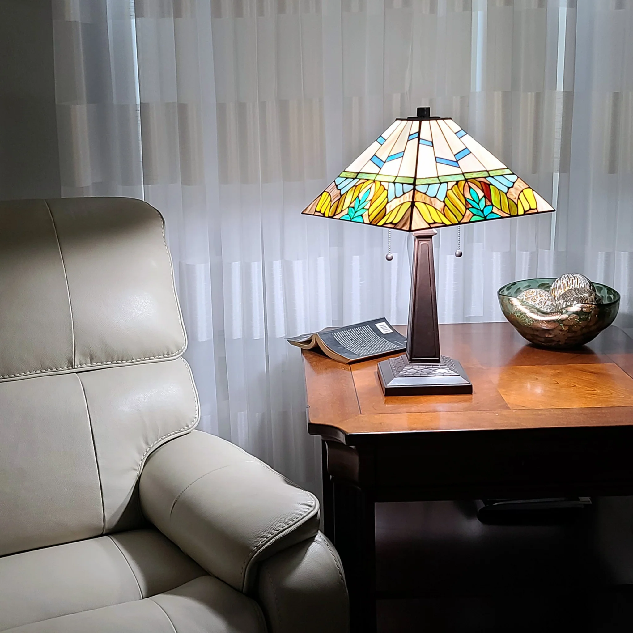 23" White and Aqua Stained Glass Two Light Mission Style Table Lamp By Homeroots - Image 5