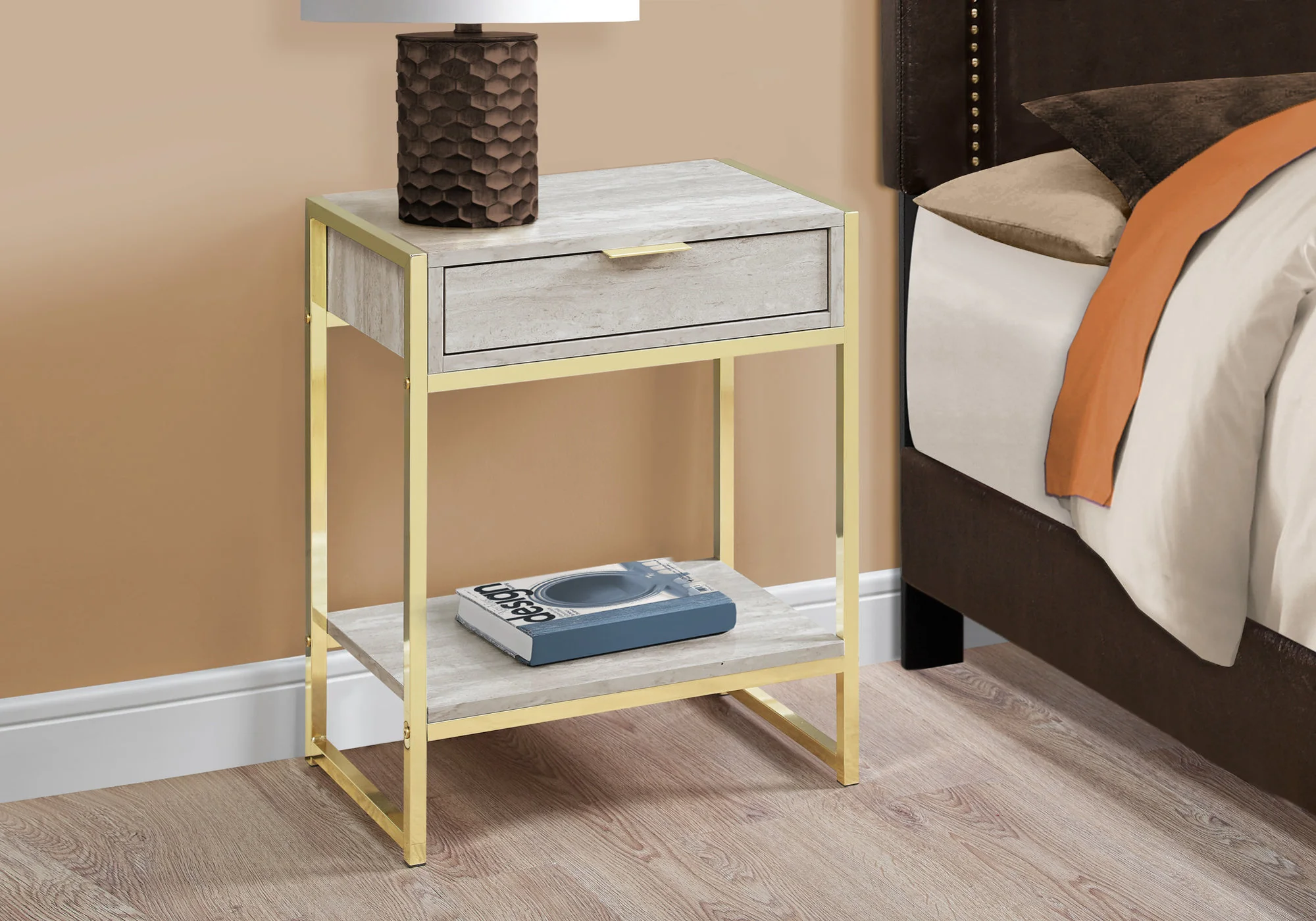 24" Beige Marble Finish and Gold Metal Accent Table By Homeroots - Image 3