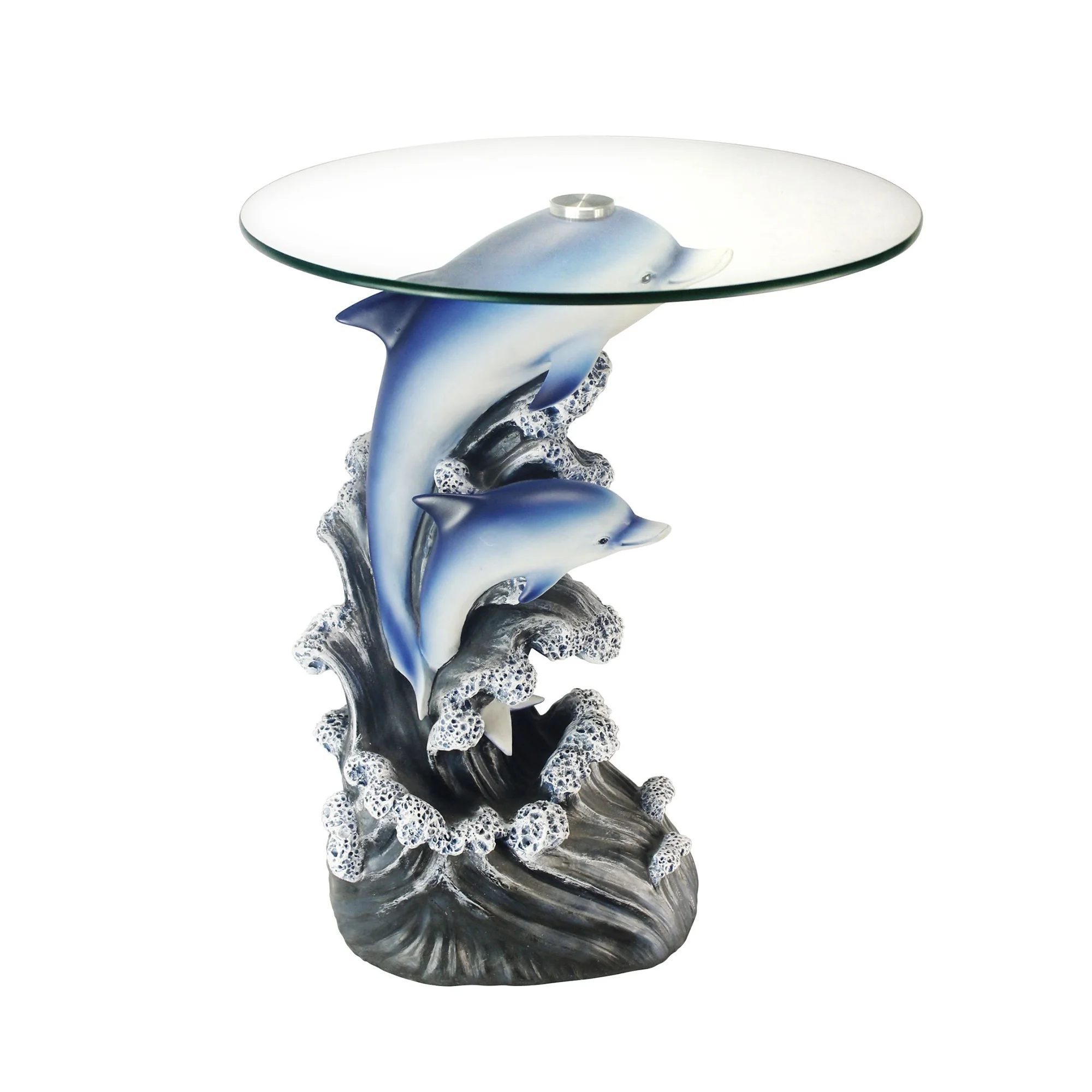 24" Blue And Clear Glass Polyresin Dolphins Round End Table By Homeroots - Image 2