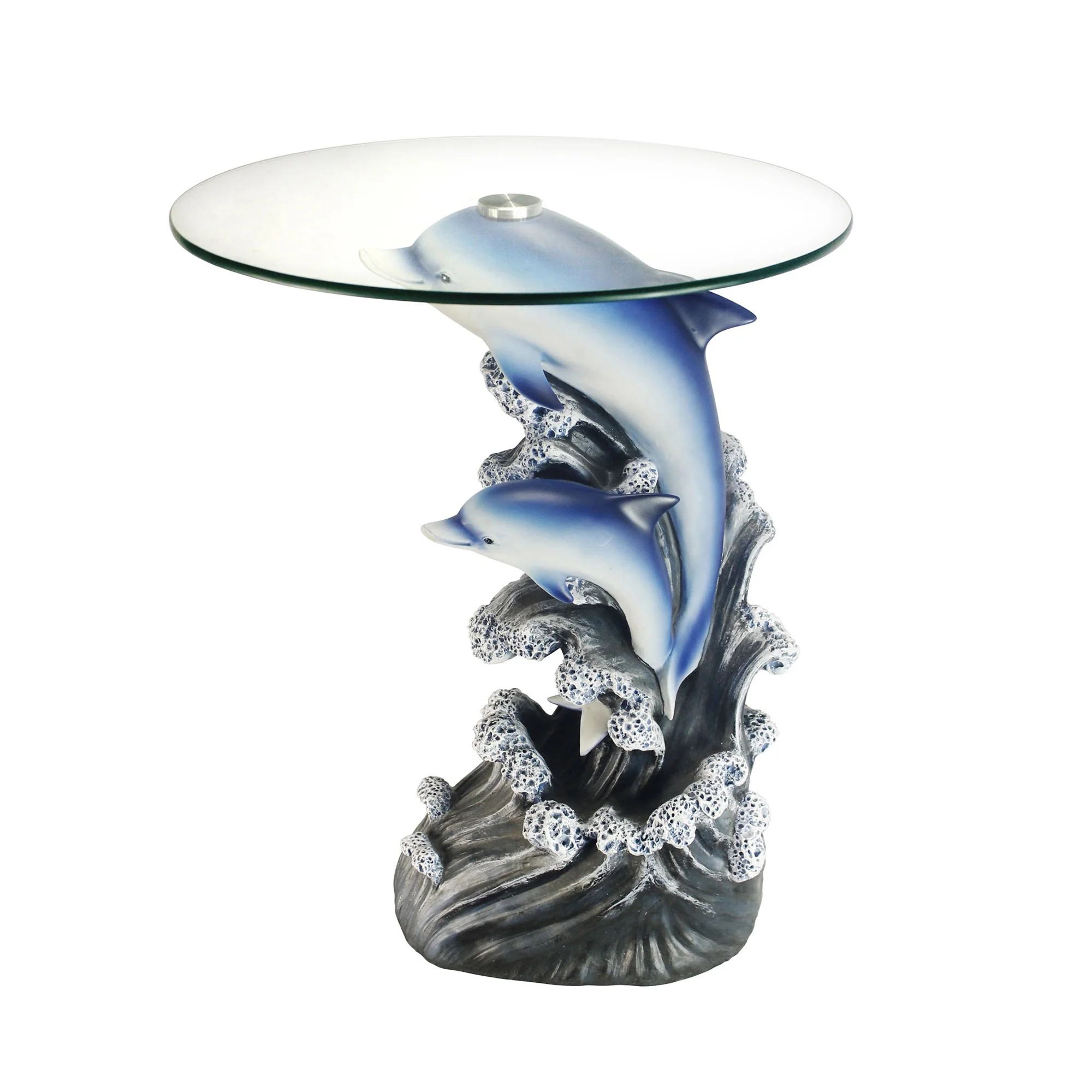24" Blue And Clear Glass Polyresin Dolphins Round End Table By Homeroots - Image 3