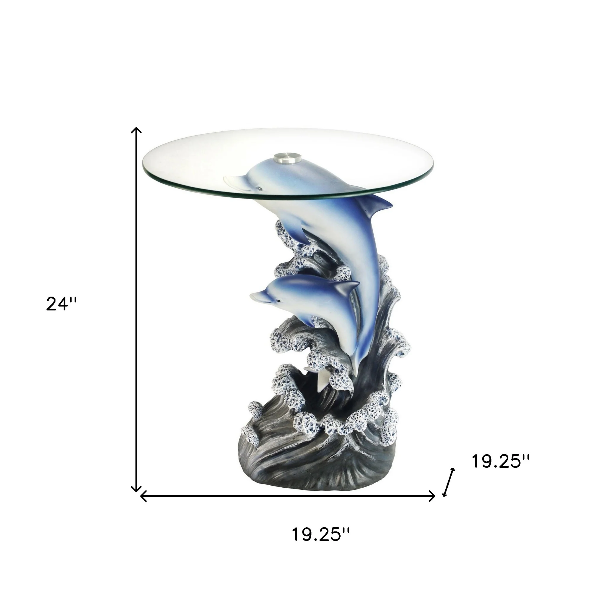 24" Blue And Clear Glass Polyresin Dolphins Round End Table By Homeroots - Image 6