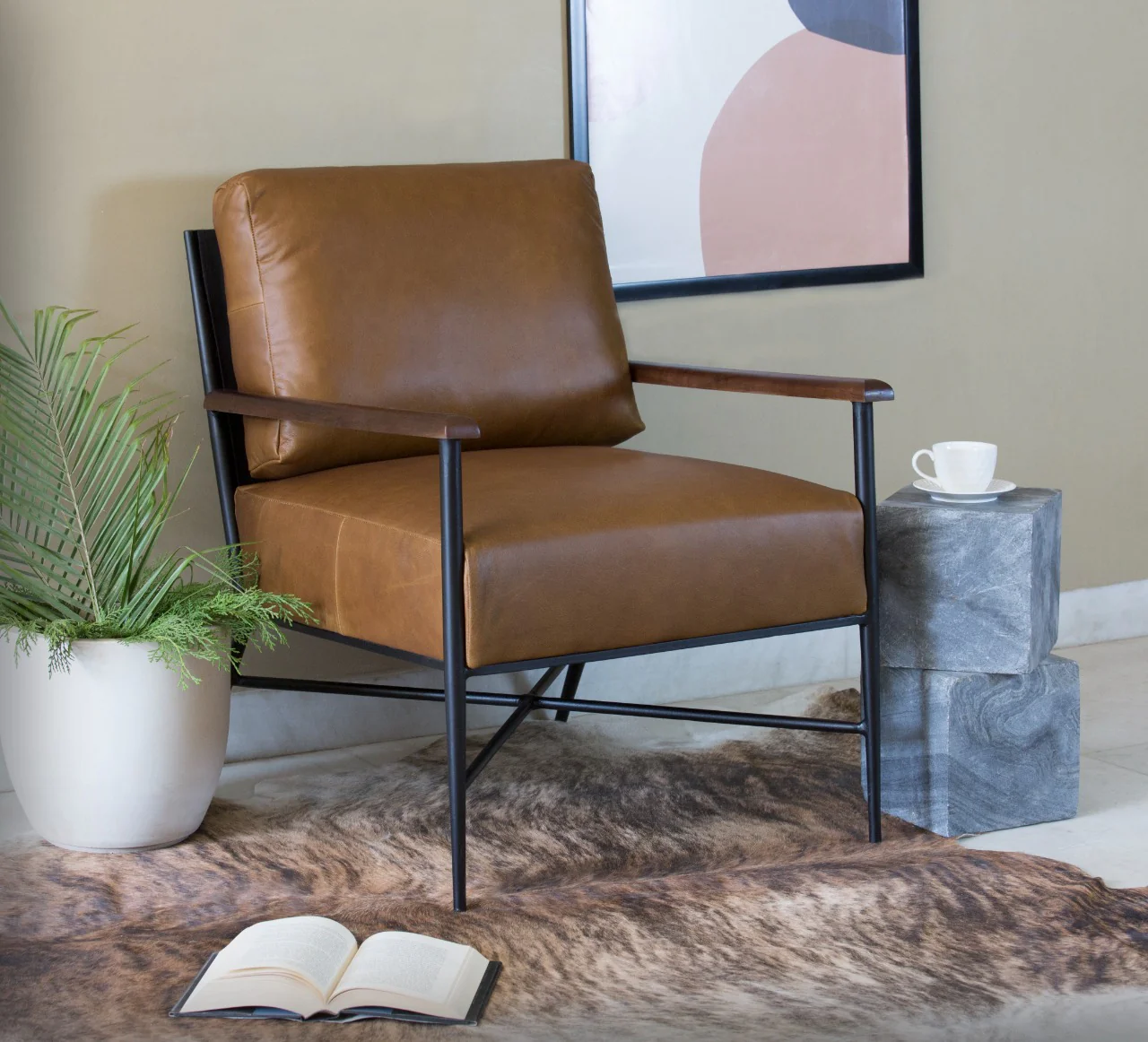 24" Brown Top Grain Leather And Black Solid Color Arm Chair By Homeroots - Image 5