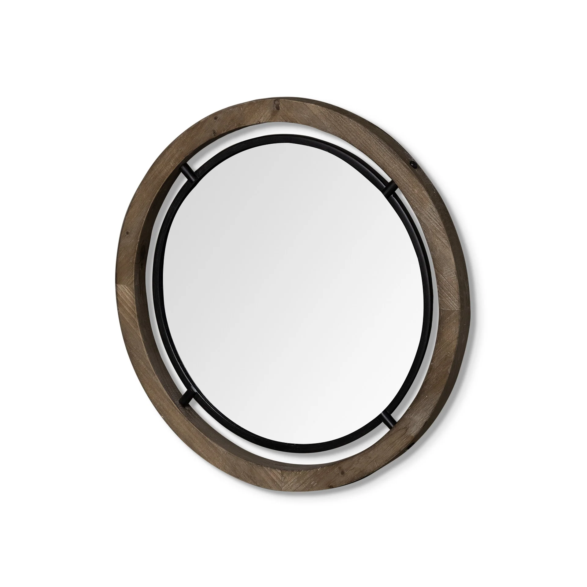 24" Brown Wood and Black Metal Double Frame Wall Mirror By Homeroots - Image 2
