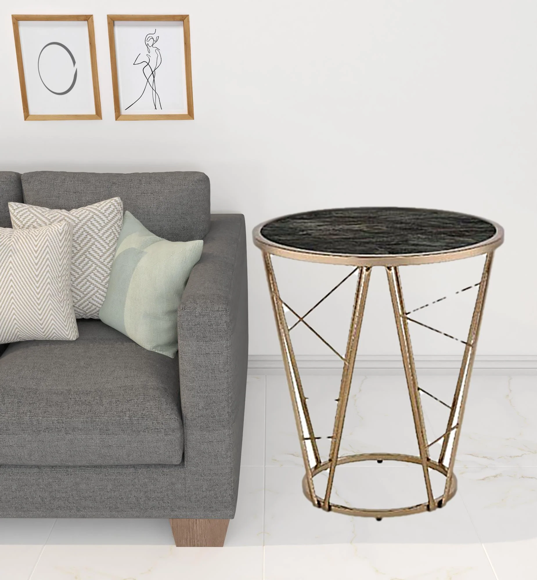 24" Champagne And Black Faux Marble Glass And Metal Round End Table By Homeroots - Image 2