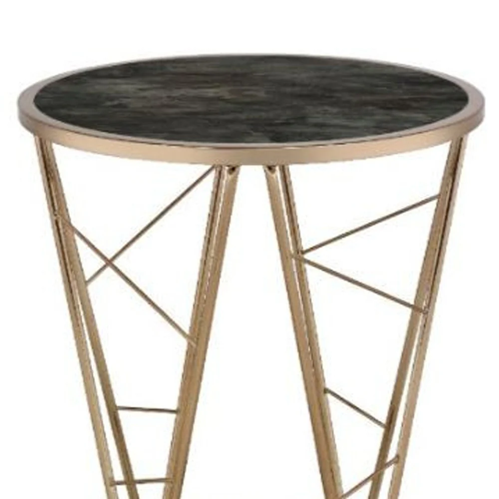 24" Champagne And Black Faux Marble Glass And Metal Round End Table By Homeroots - Image 4