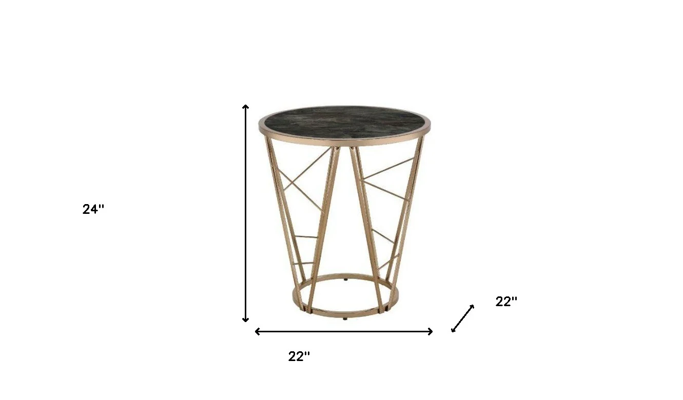 24" Champagne And Black Faux Marble Glass And Metal Round End Table By Homeroots - Image 5