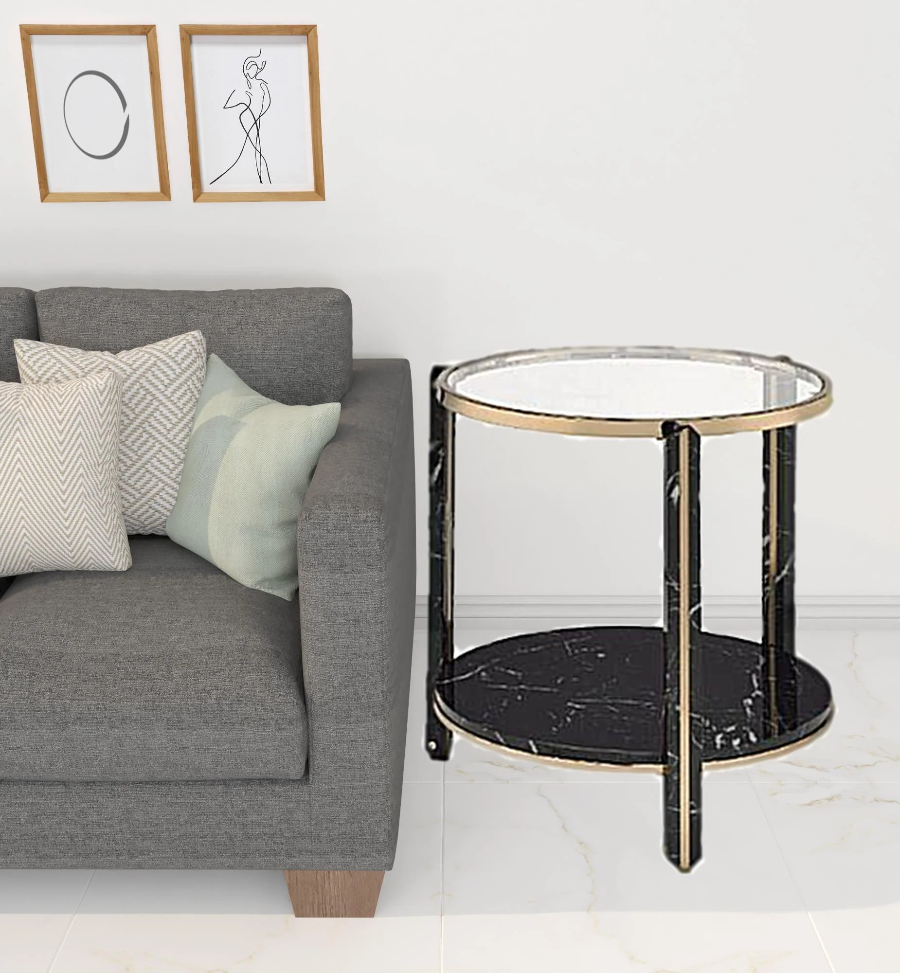 24" Champagne And Clear Glass And Metal Round End Table With Shelf By Homeroots - Image 2