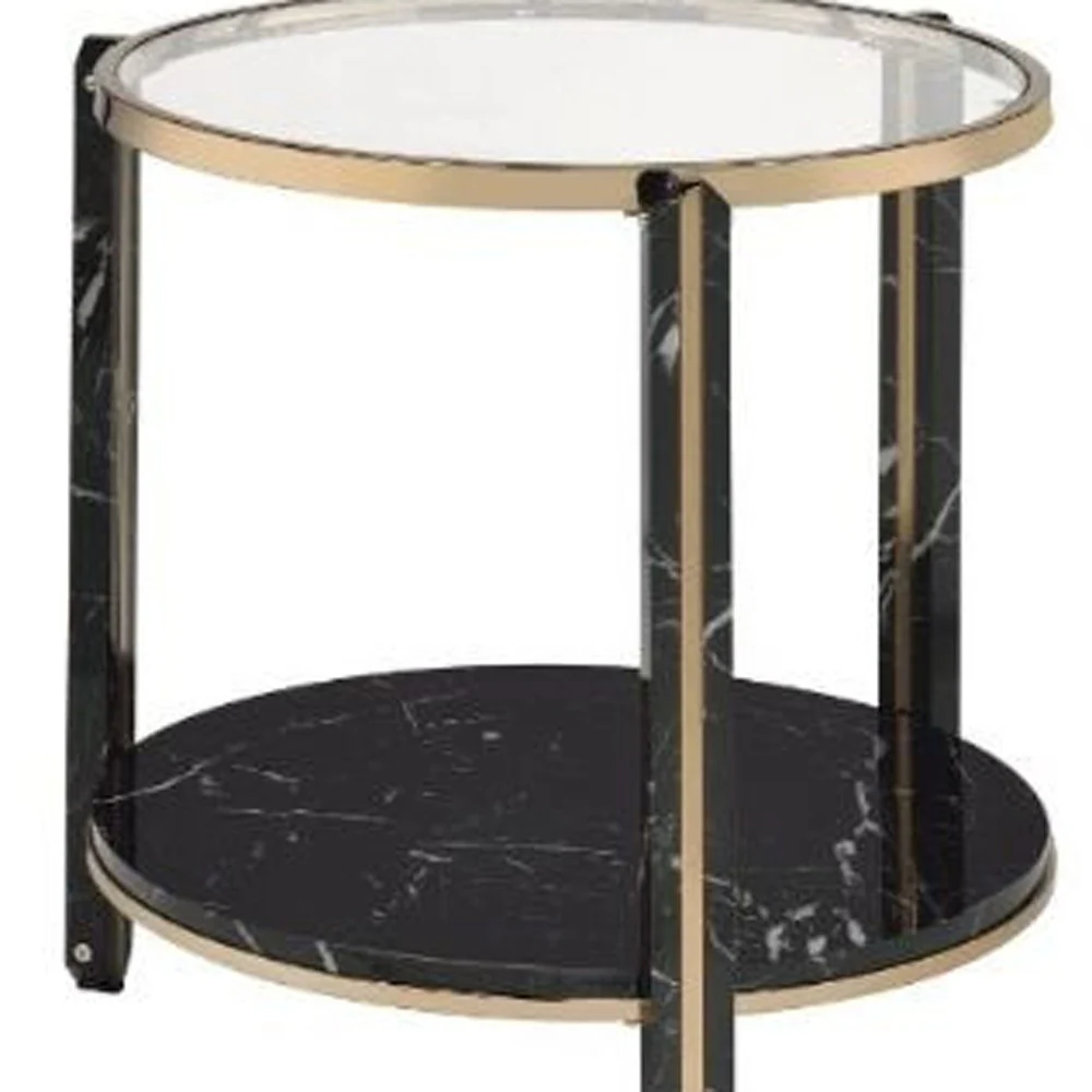 24" Champagne And Clear Glass And Metal Round End Table With Shelf By Homeroots - Image 4