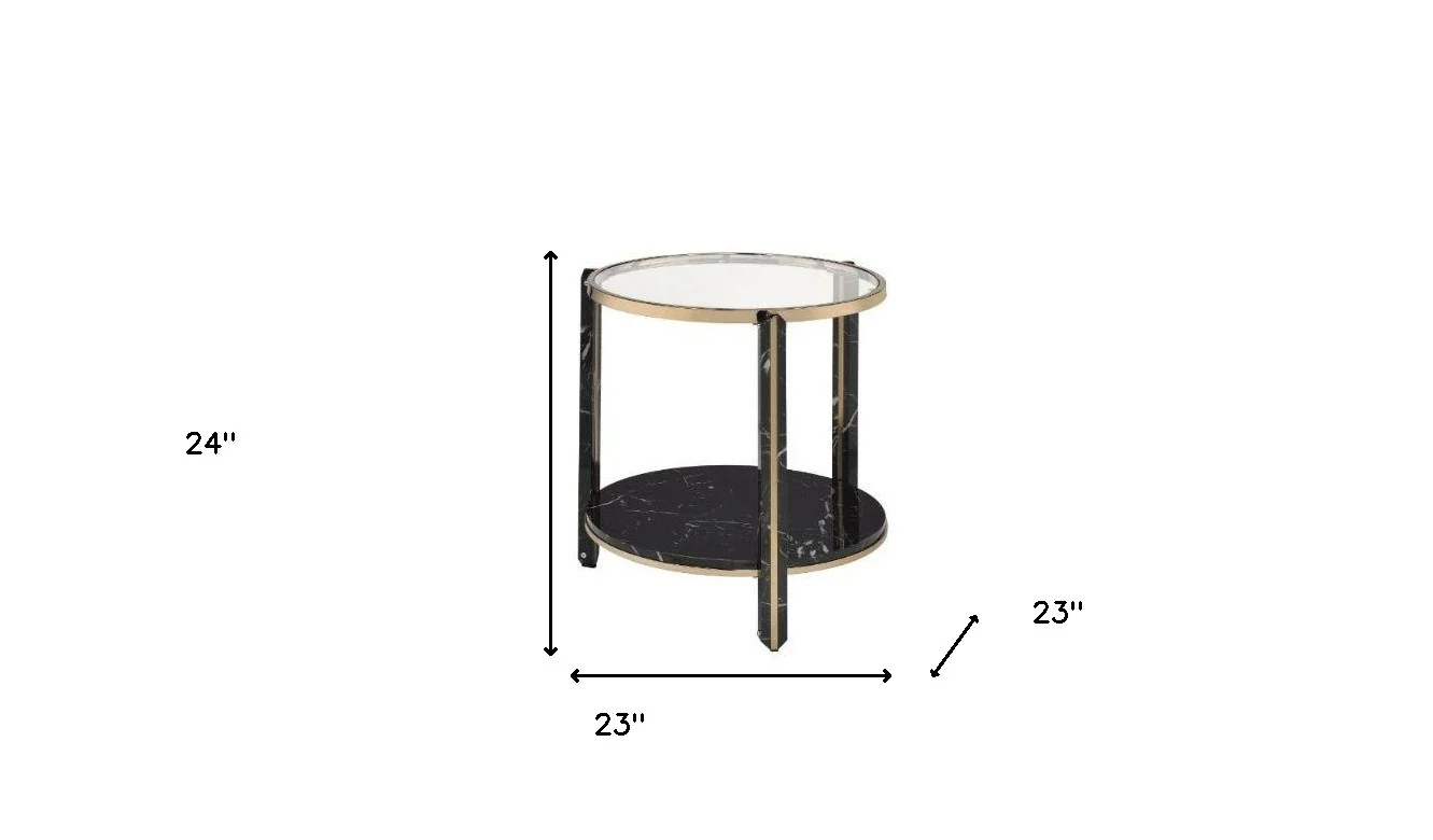 24" Champagne And Clear Glass And Metal Round End Table With Shelf By Homeroots - Image 5