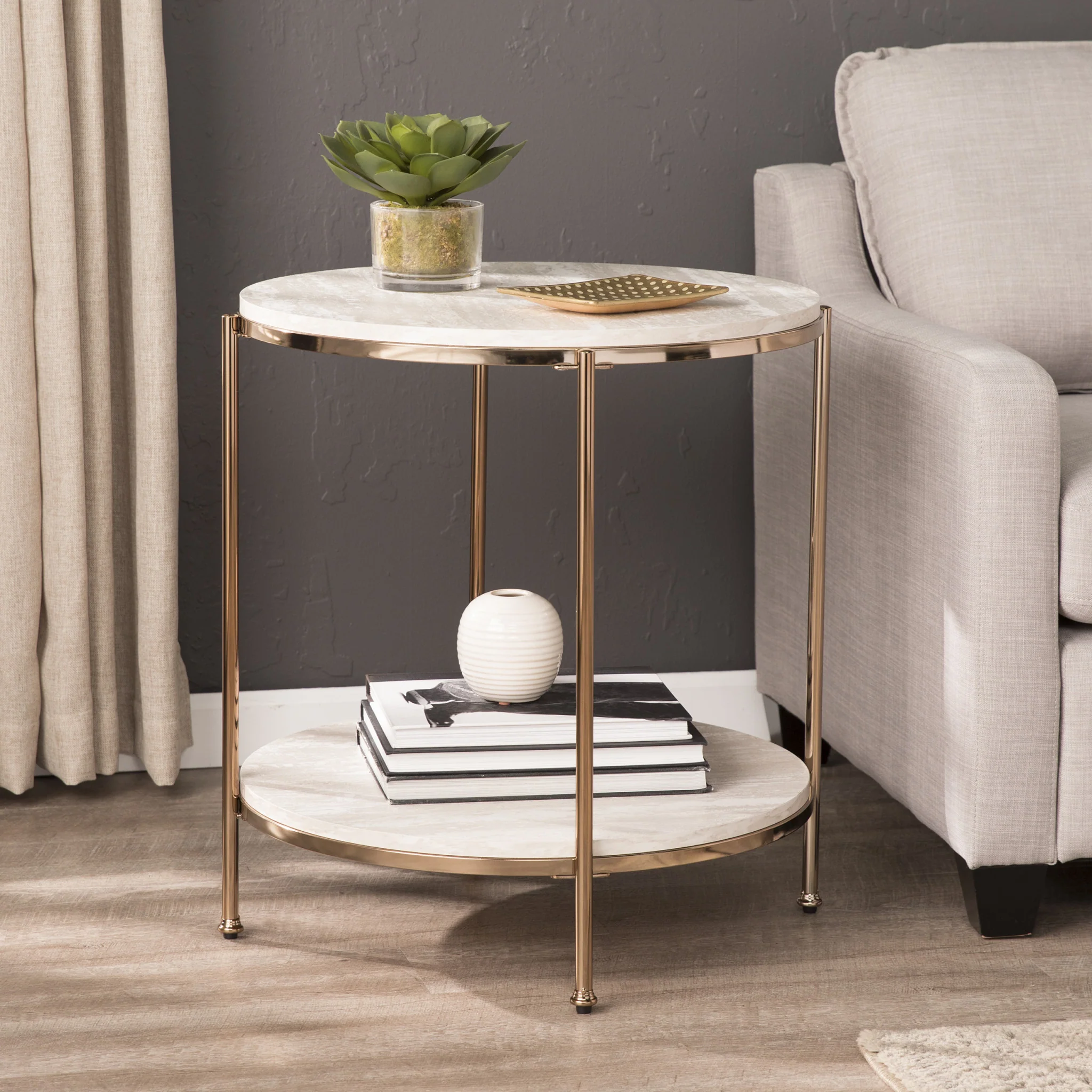 24" Champagne Faux Marble And Iron Round End Table With Shelf By Homeroots - Image 4