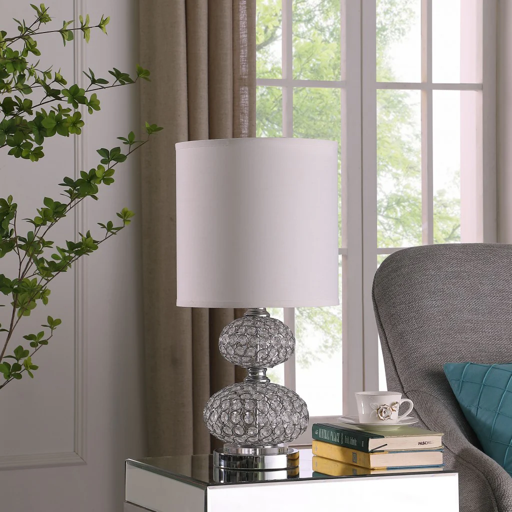24" Chrome and Faux Crystal Double Orb Table Lamp With White Classic Drum Shade By Homeroots - Image 2
