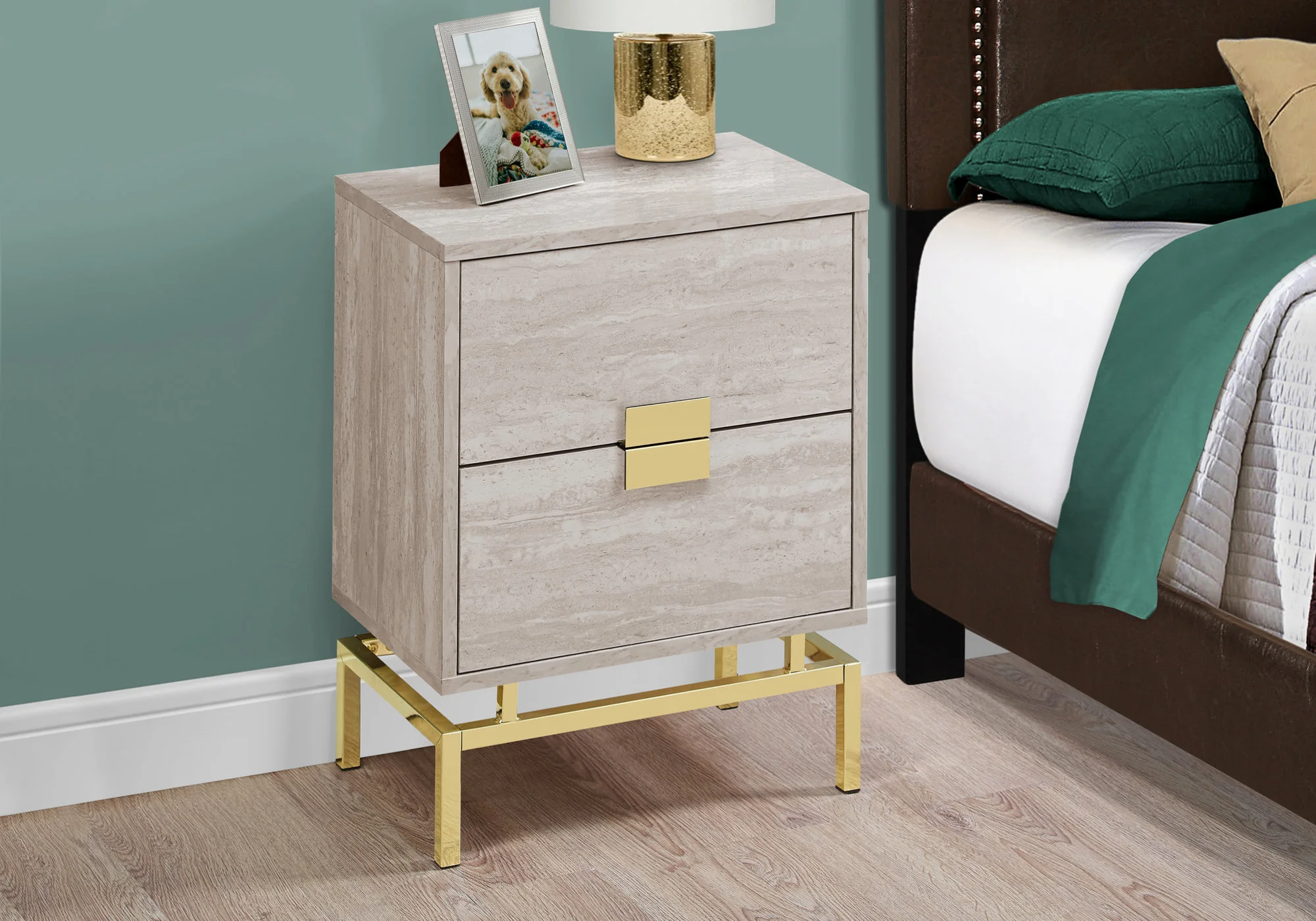 24" Gold And Beige Manufactured Wood Rectangular End Table With Two Drawers By Homeroots - Image 3