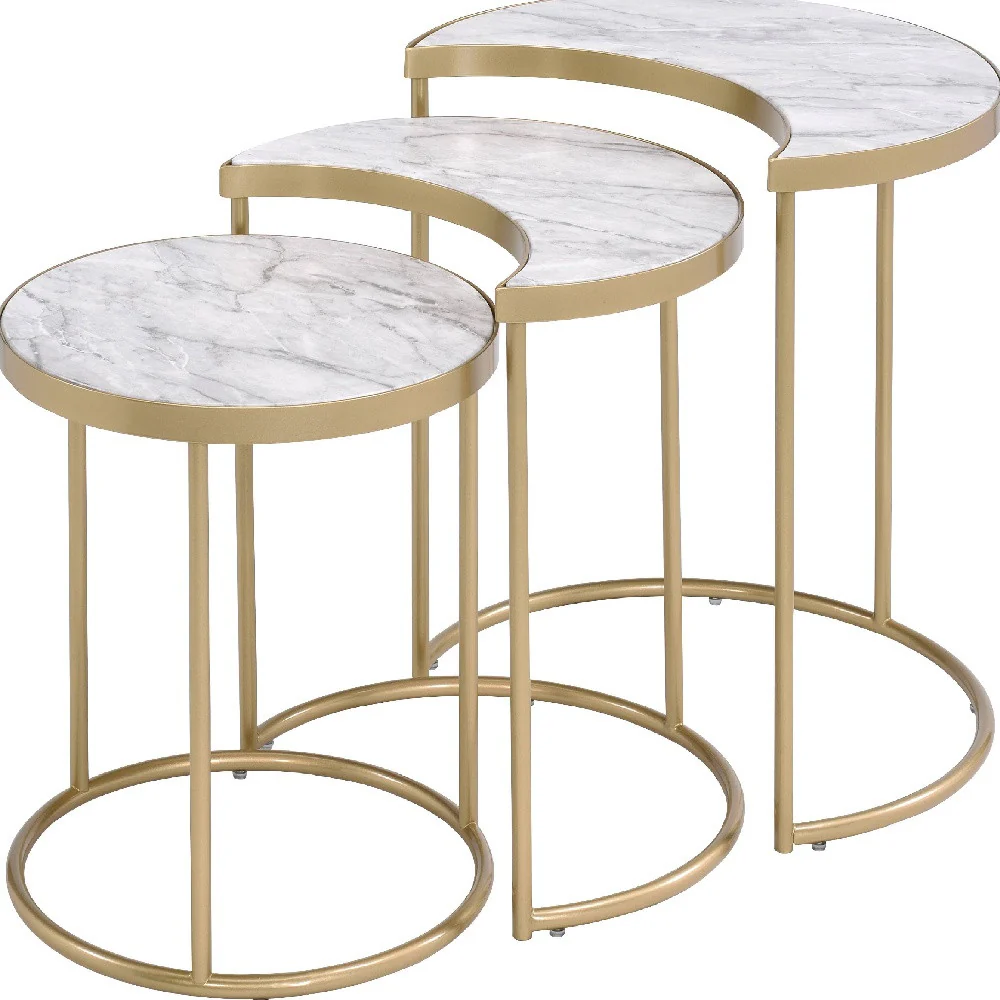 24" Gold And Faux Marble Paper Veneer And Metal Round Nested Coffee Tables By Homeroots - Image 3