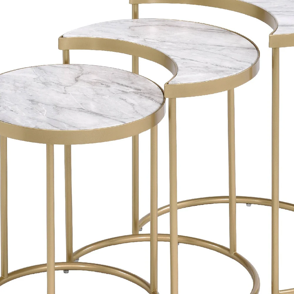 24" Gold And Faux Marble Paper Veneer And Metal Round Nested Coffee Tables By Homeroots - Image 5