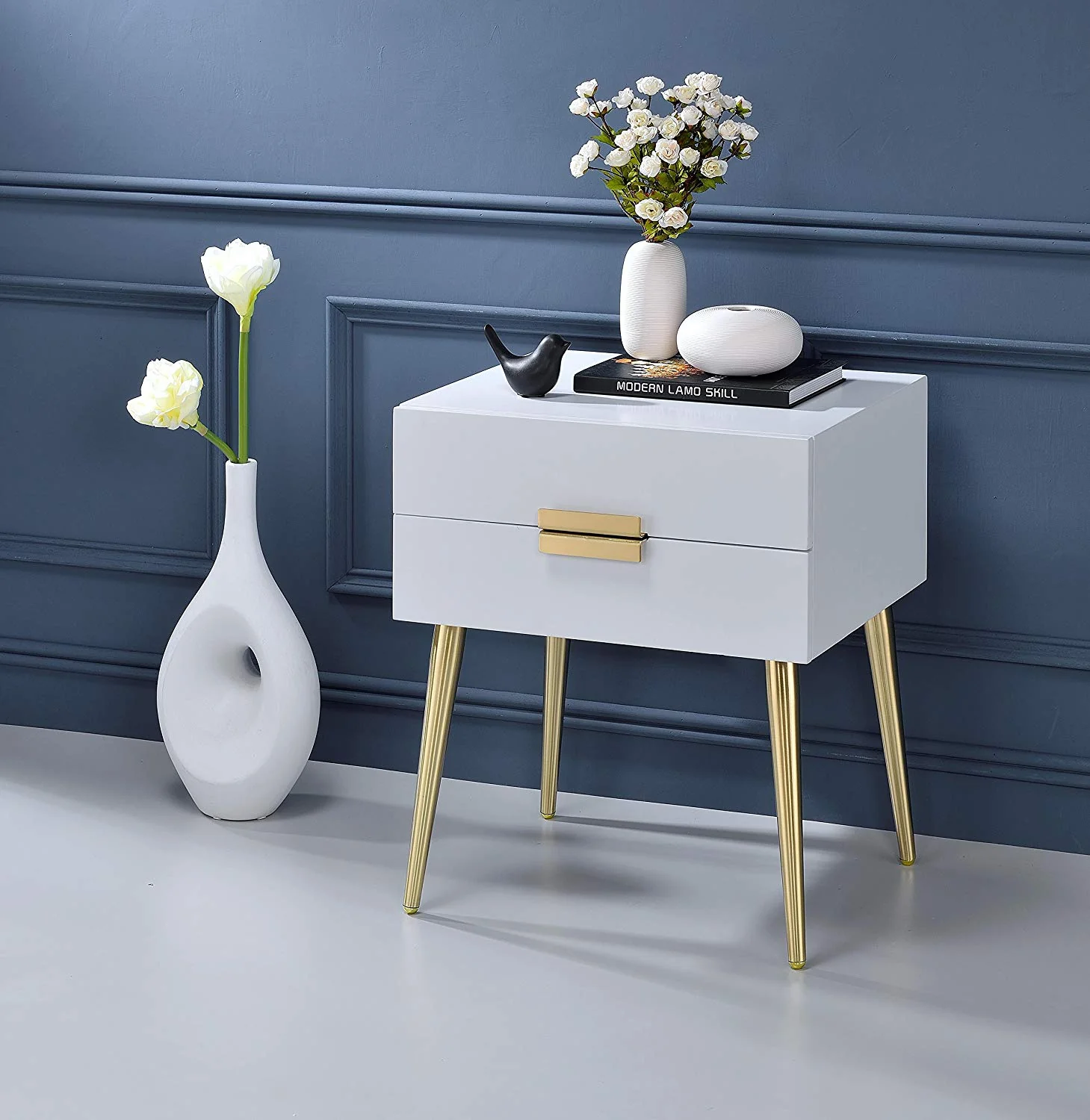 24" Gold And White End Table With Two Drawers By Homeroots - Image 2