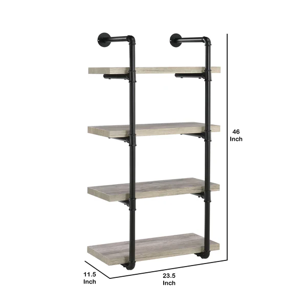 24 Inches 4 Tier Wood and Metal Wall Shelf, Gray and Black By Benzara - Image 2